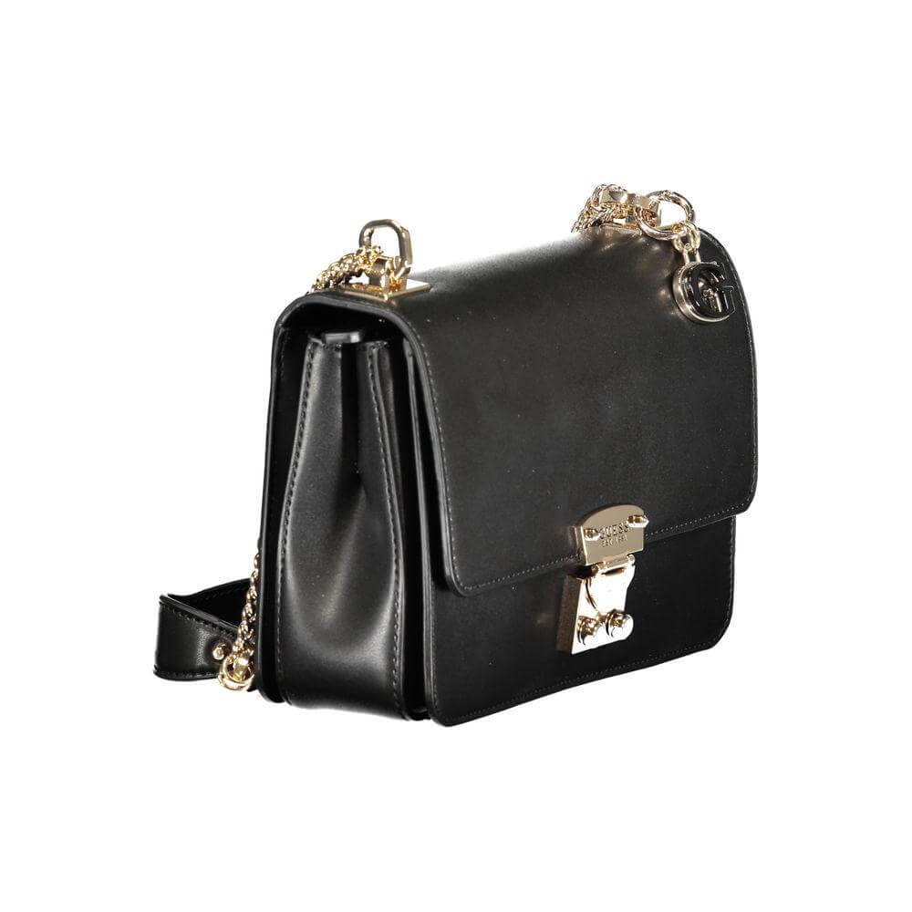 Black Guess Jeans Eliette handbag with chain shoulder strap, featuring compartments, external pocket, and protective feet.