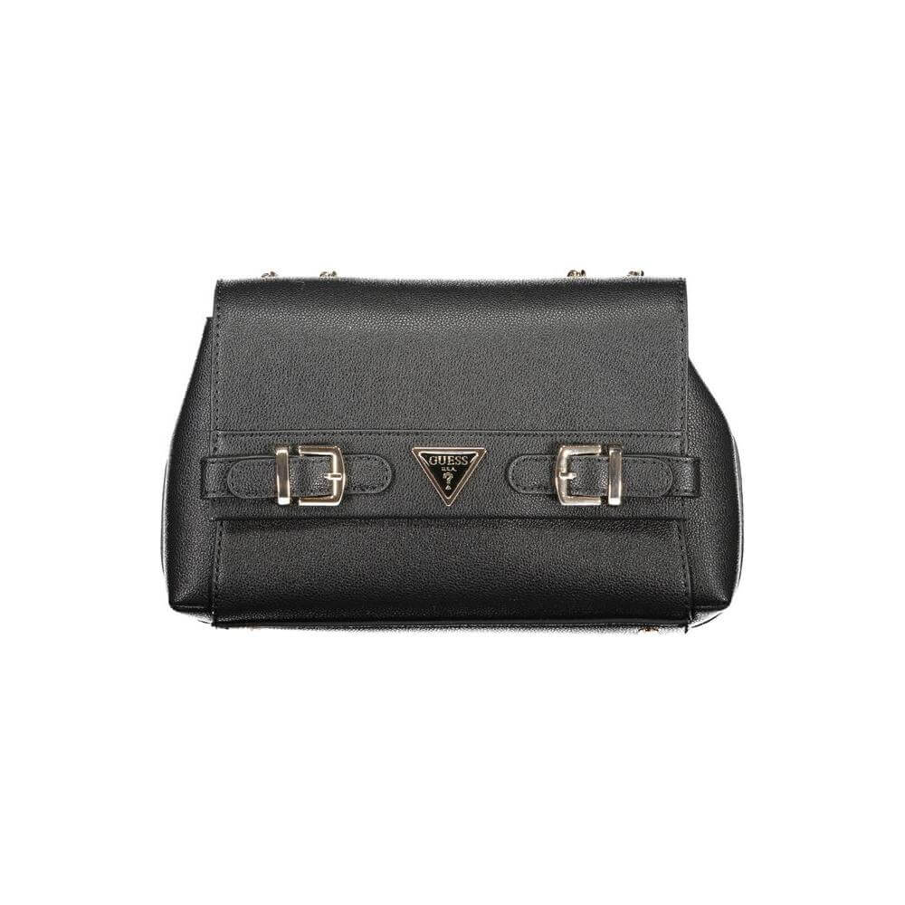 GUESS Jeans black polyethylene handbag with chain shoulder handles, designed for modern women seeking style and organization.