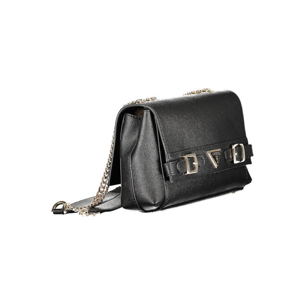 Guess Jeans black polyethylene women's handbag with chain handle, eco-friendly design, featuring elegant accents and spacious interior.