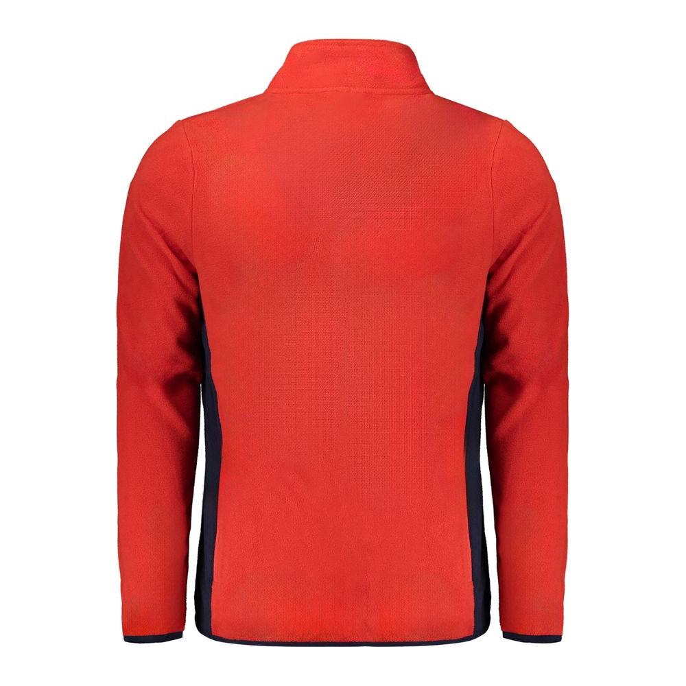 Back view of red polyester men's sweater by Norway 1963 with contrasting details and zip-up front.