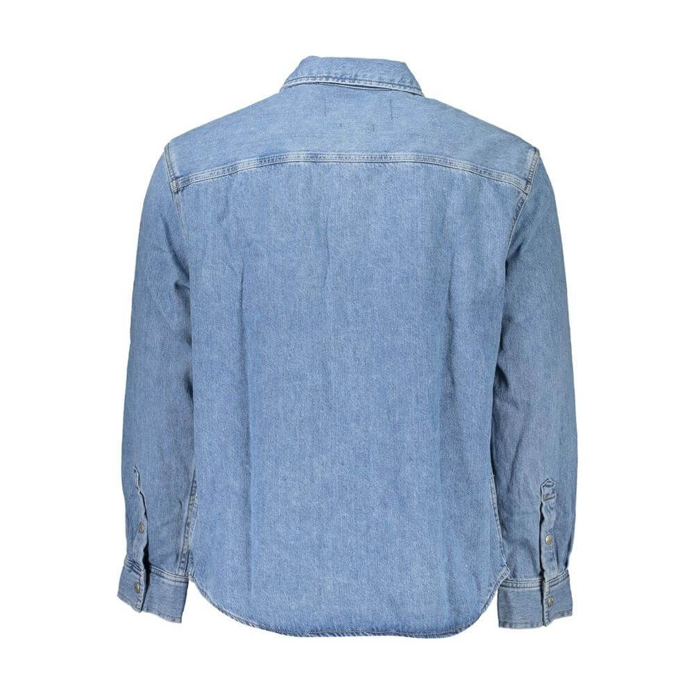 Back view of Calvin Klein light blue cotton men's shirt with long sleeves and Italian collar.