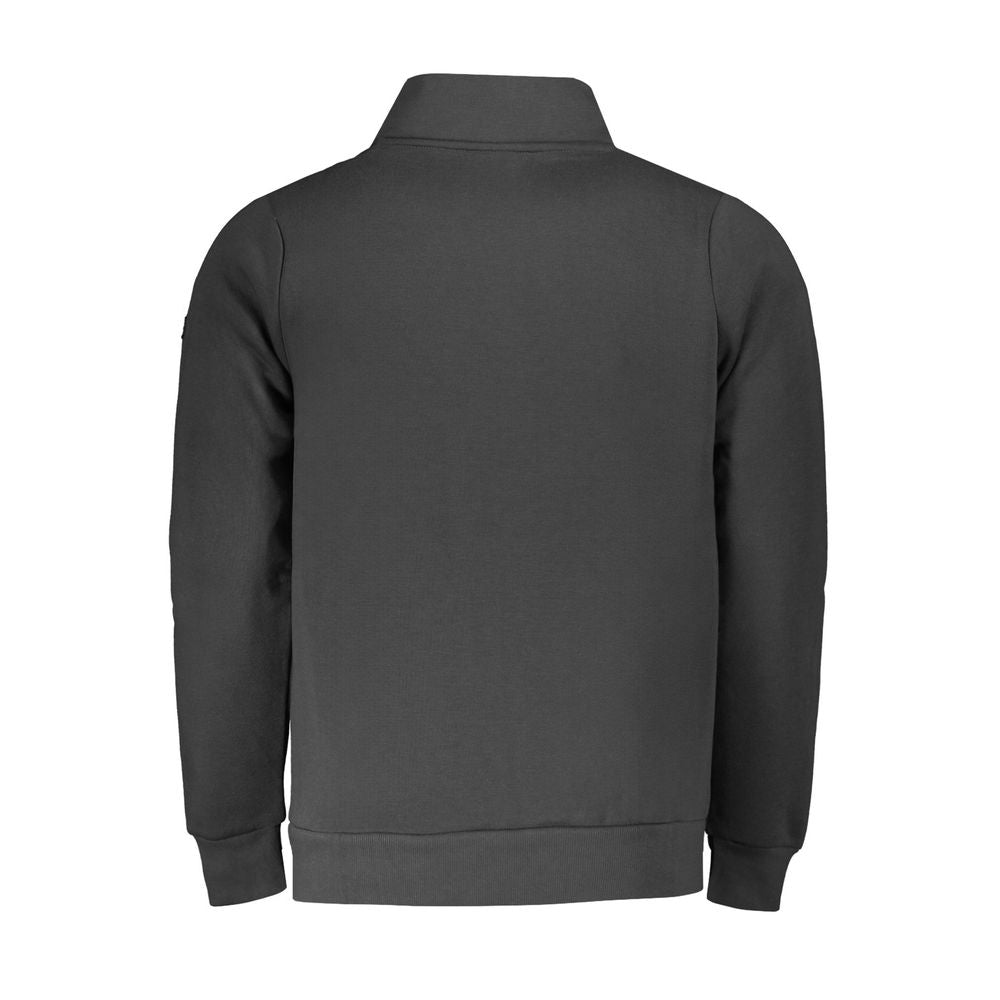 Back view of Norway 1963 black cotton men's sweater featuring long sleeves and a zip-up design with practical zip pockets.