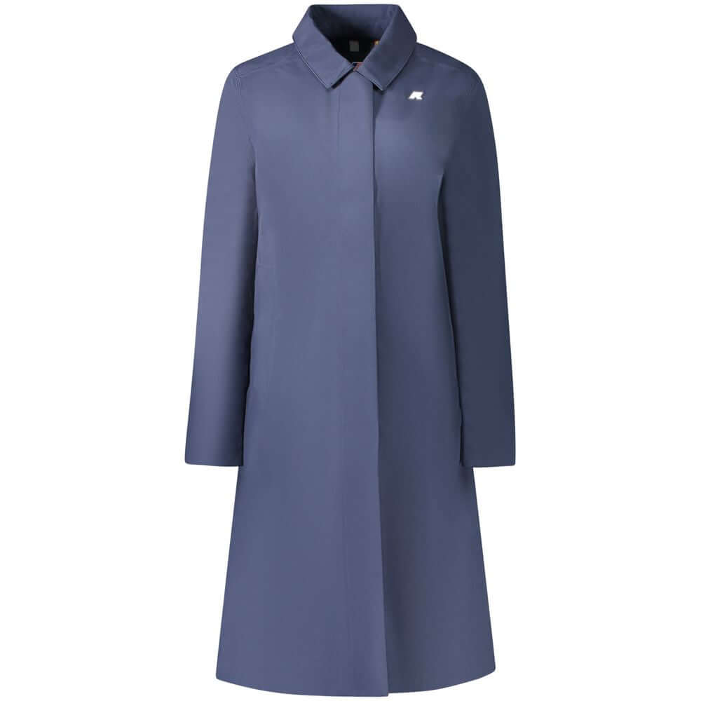 K-WAY blue polyester women's coat with fleece lining and distinctive logo. Stylish long sleeve trench with buttons and zip detail.