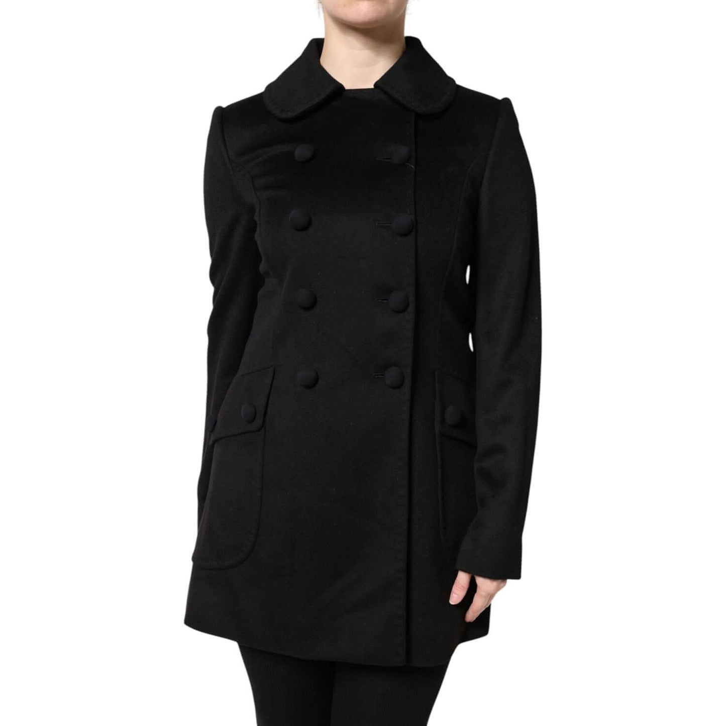 Dolce & Gabbana black wool double-breasted blazer jacket with button closure, long sleeves, high craftsmanship, exclusive design.