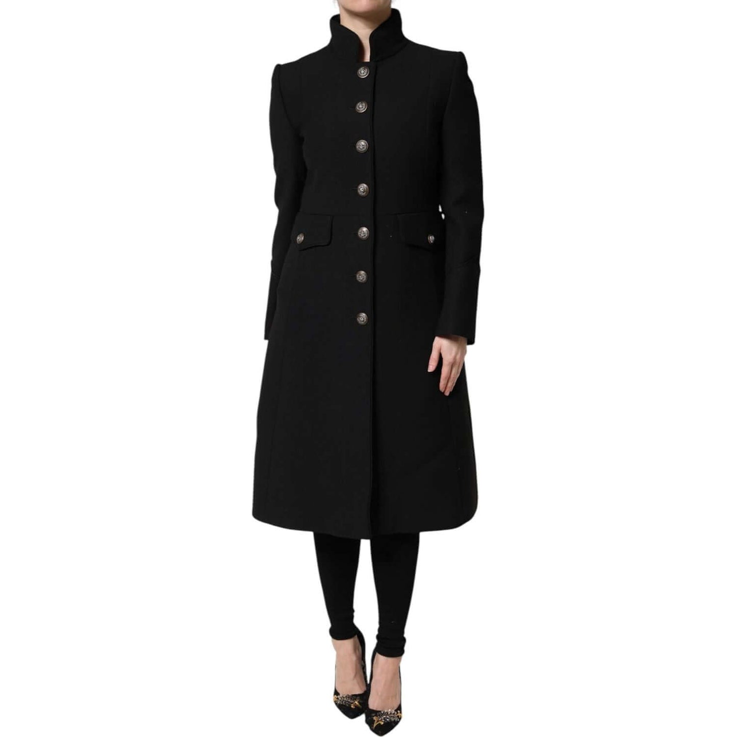 Dolce & Gabbana black wool single breasted trench coat jacket with button closure, elegant design, model wearing coat, front view.
