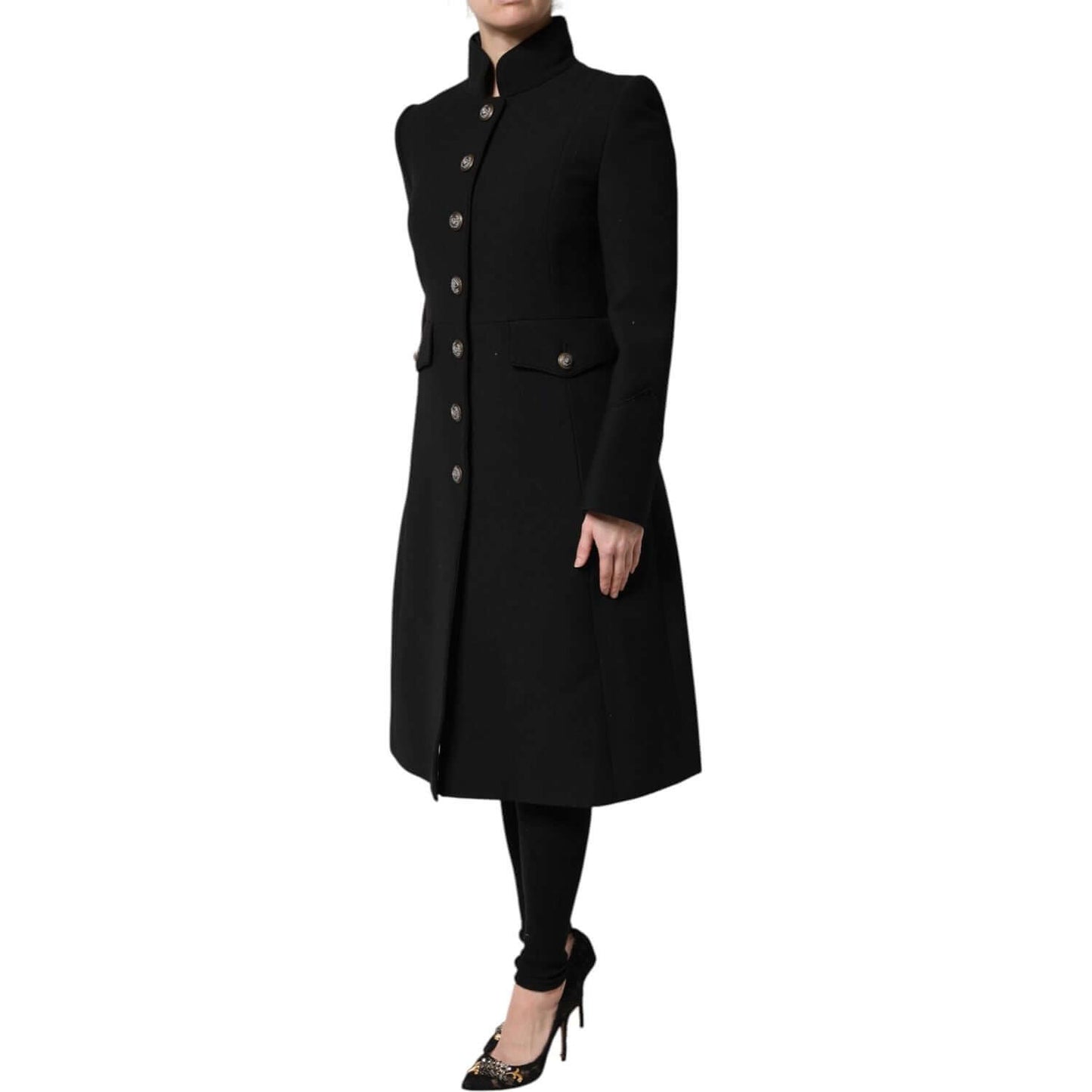 Dolce & Gabbana black wool single breasted trench coat jacket, button closure, Italian craftsmanship, worn by model, luxury fashion