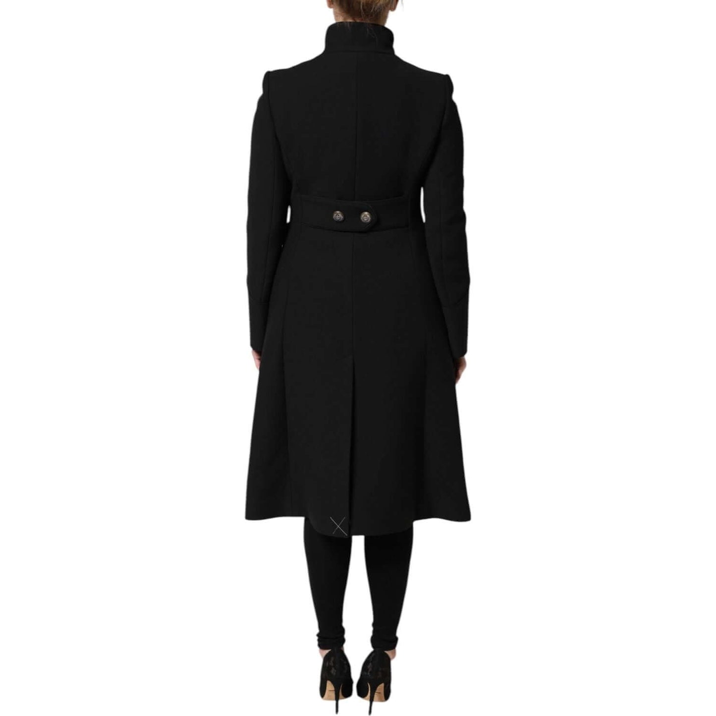 Dolce & Gabbana black wool trench coat, women's back view, Italian craftsmanship, single breasted, elegant fashion.