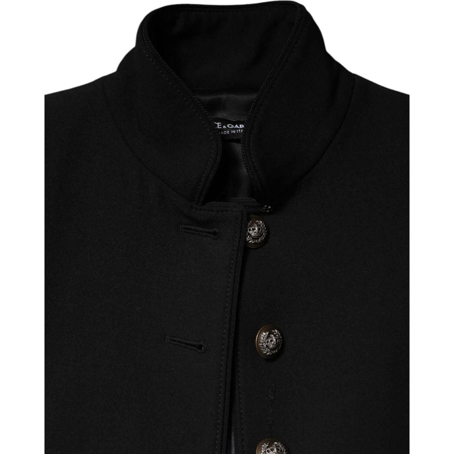 Dolce & Gabbana black wool trench coat jacket, single-breasted, button closure, luxury fashion, made in Italy.
