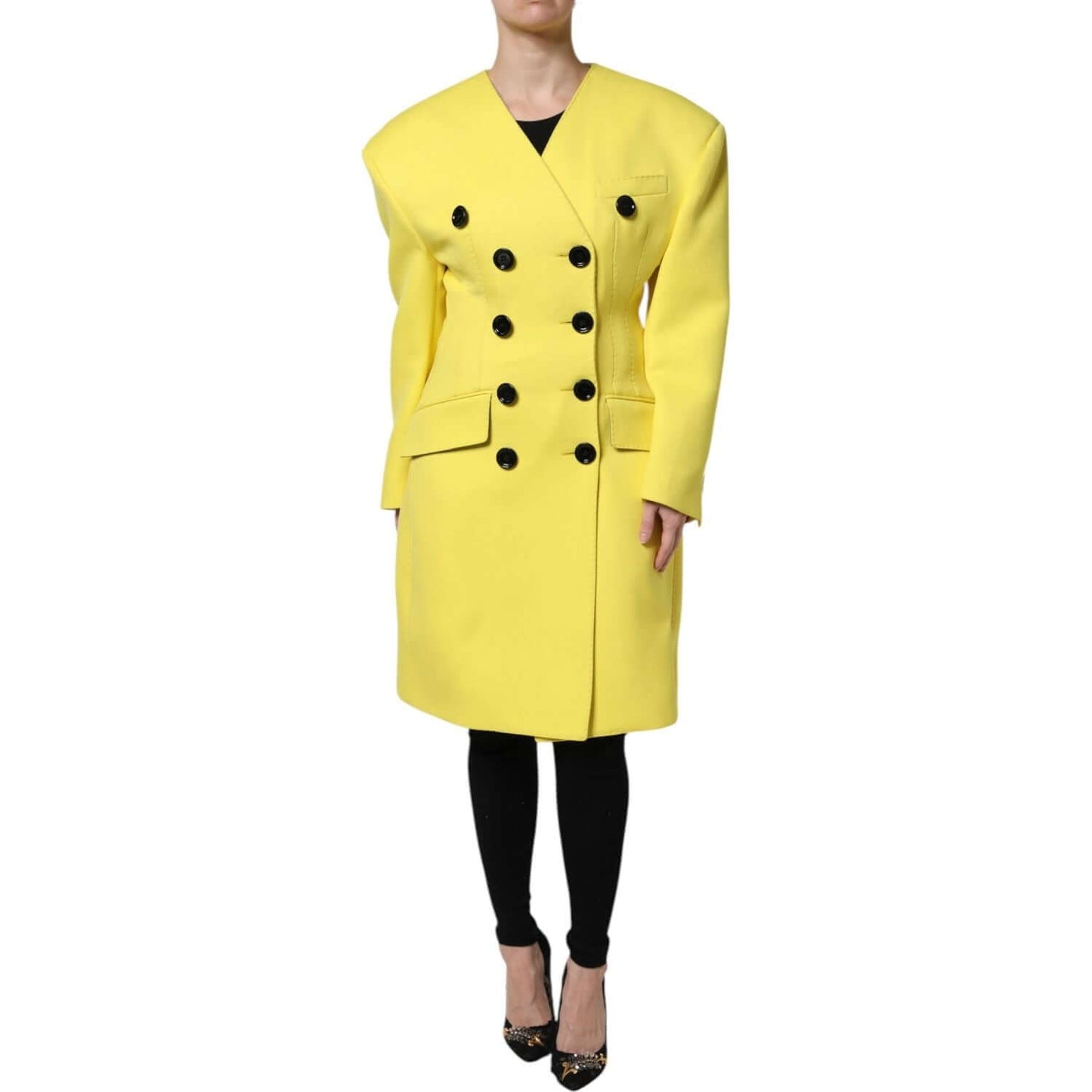 Dolce & Gabbana yellow double breasted trench coat jacket made from virgin wool, featuring black buttons and regular fit design.