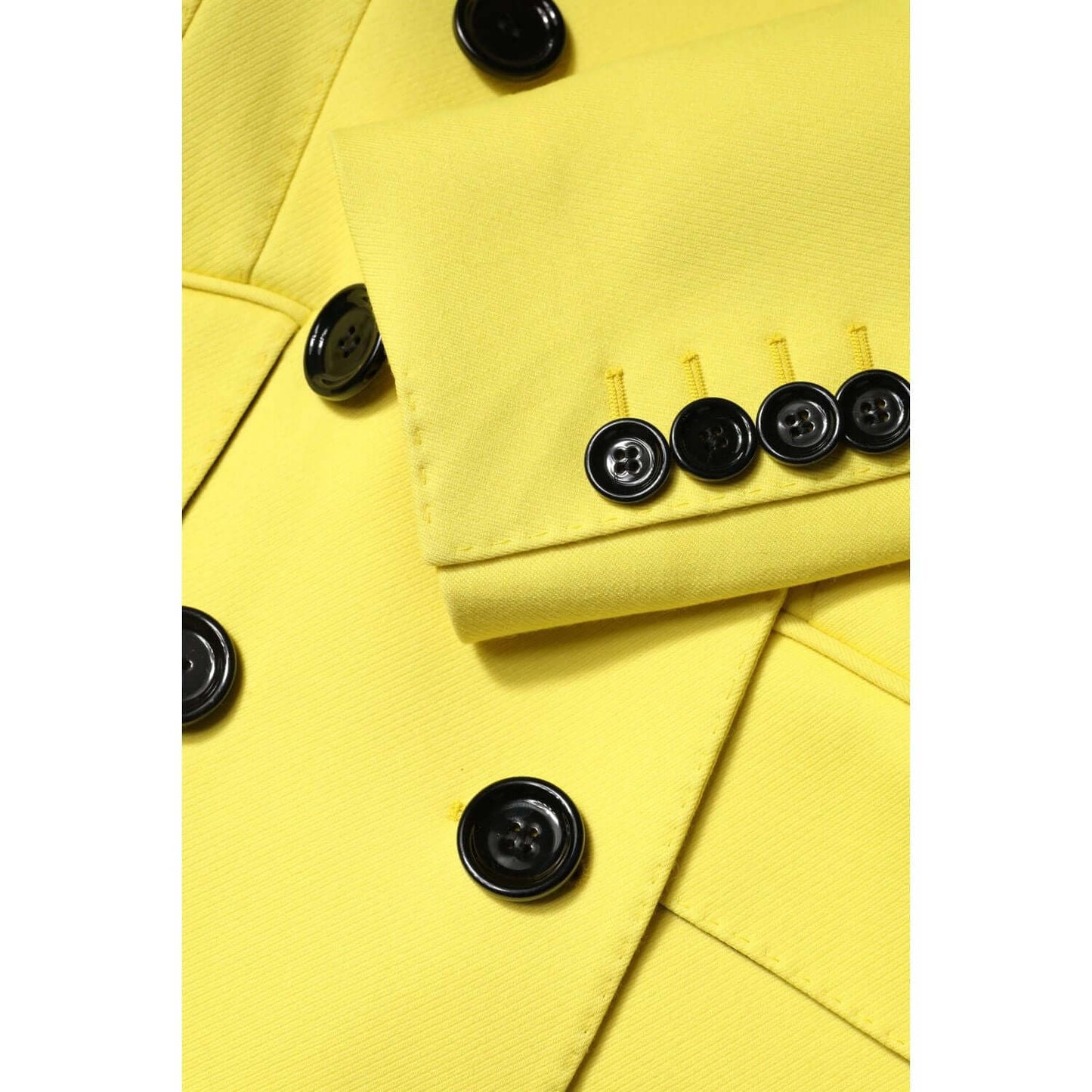 Dolce & Gabbana yellow trench coat with black buttons, made of virgin wool, featuring double-breasted design and logo details. High craftsmanship.