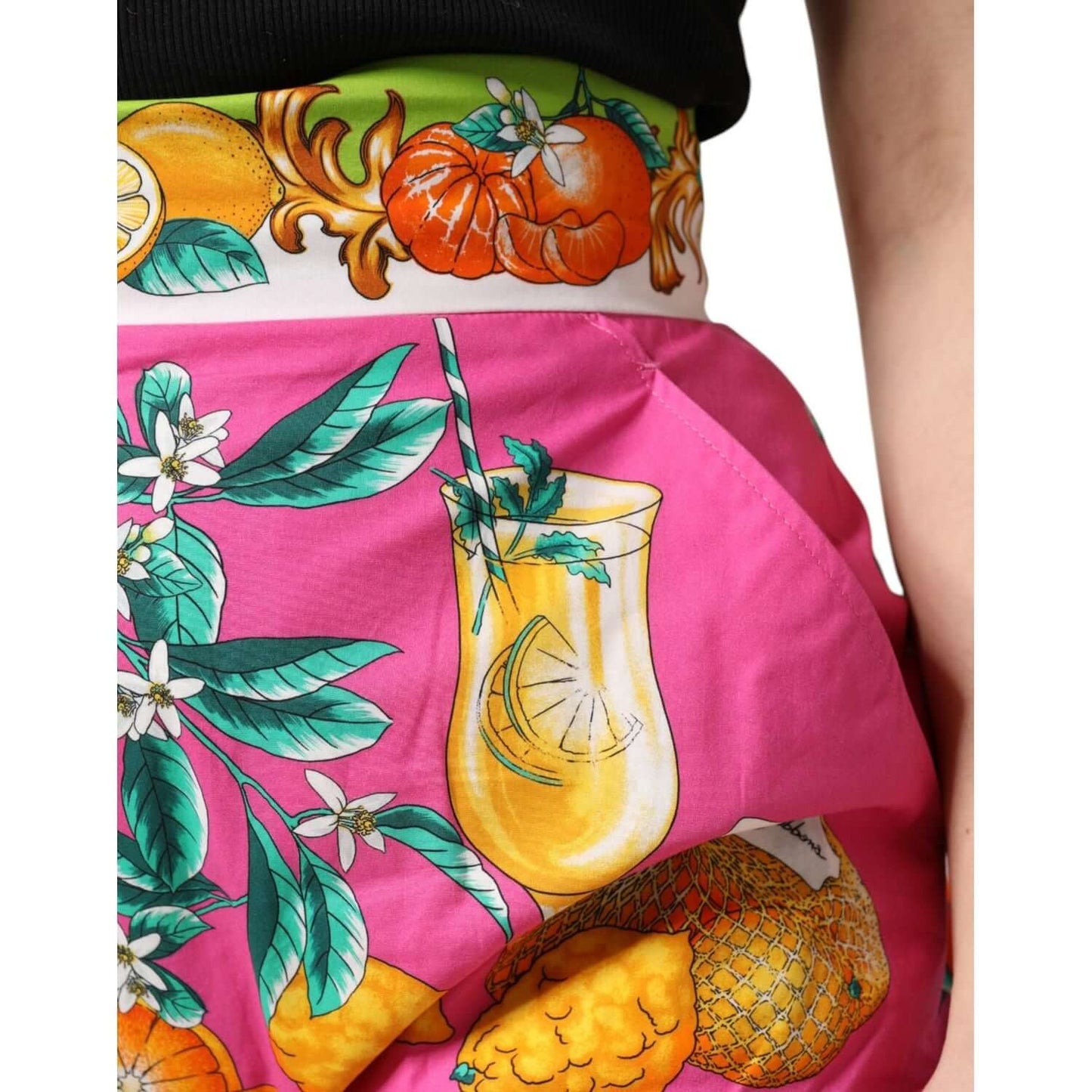 Dolce & Gabbana pink high waist shorts with colorful fruit print and cocktail design, made in Italy, cotton fabric.