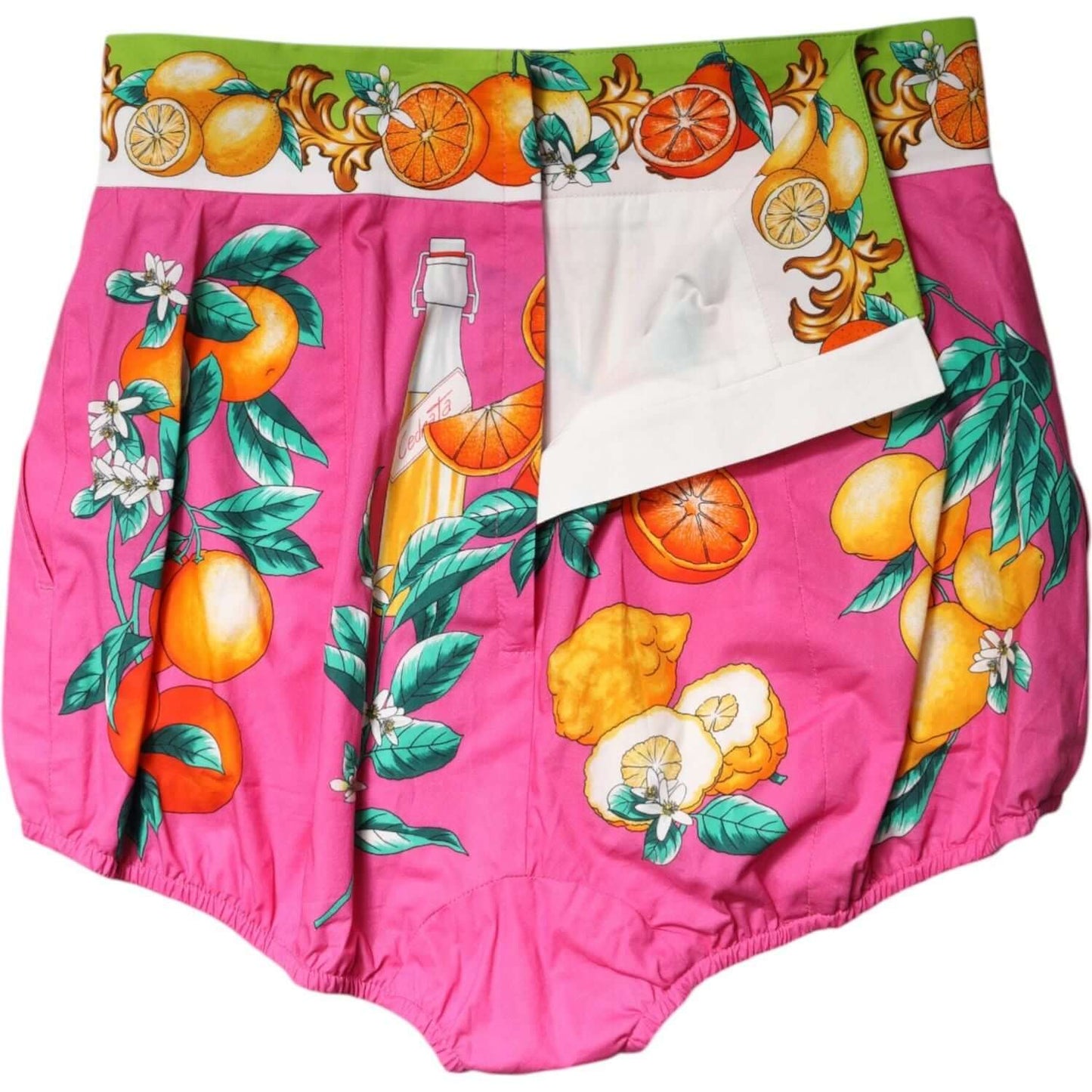 Dolce & Gabbana pink high waist hot pants with vibrant fruit print, made of 100% cotton, featuring zipper and button closure.