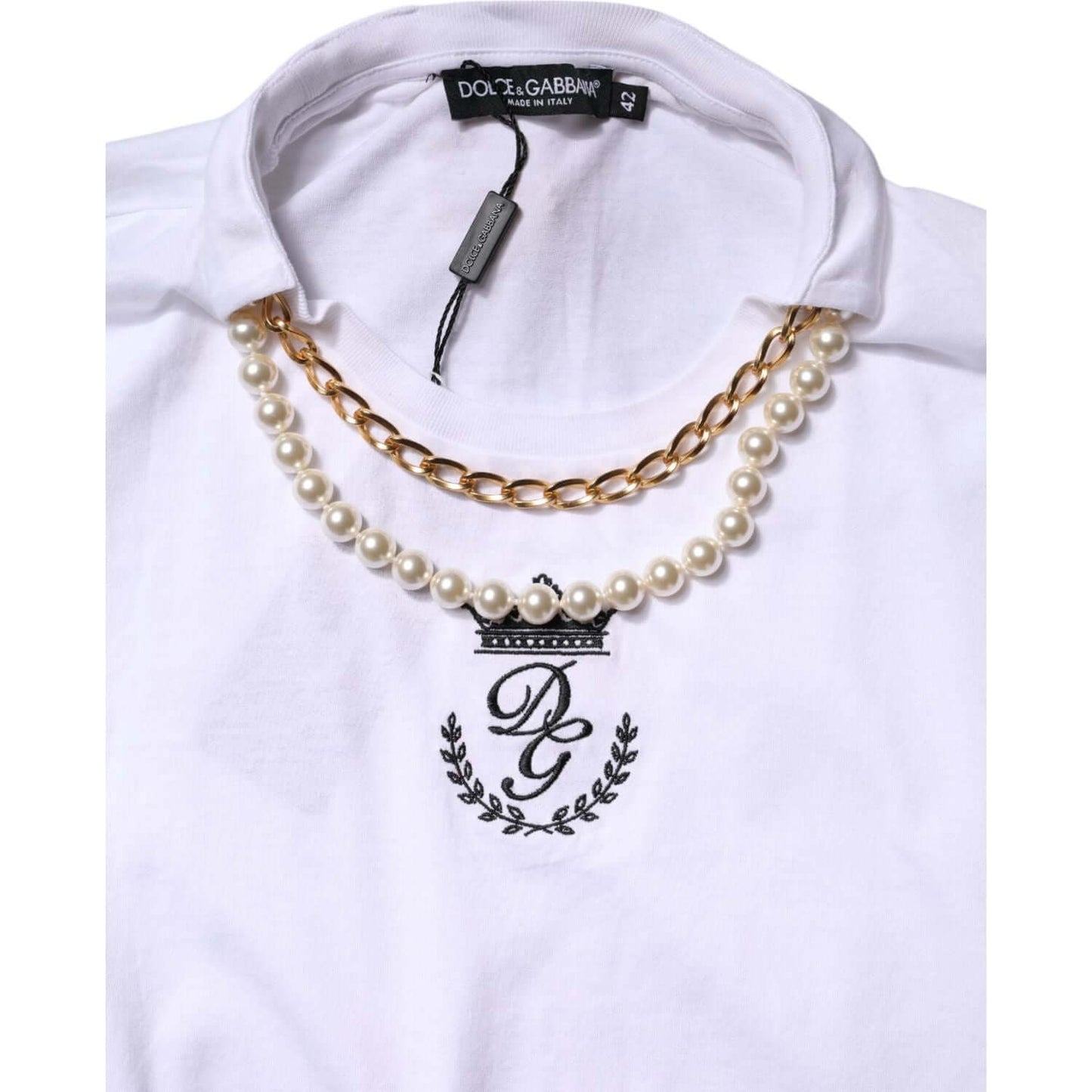 Dolce & Gabbana White Chain Pearl Cotton Round Neck T-shirt