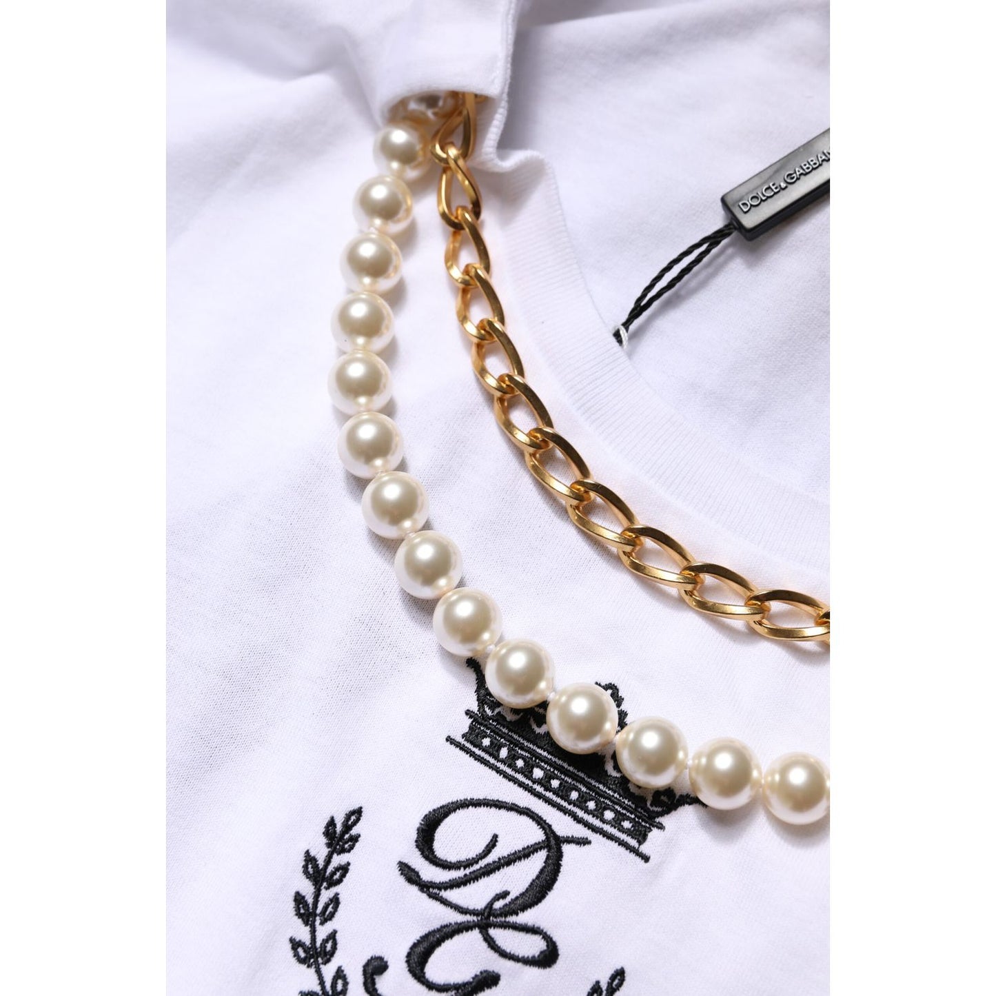 Dolce & Gabbana White Chain Pearl Cotton Round Neck T-shirt