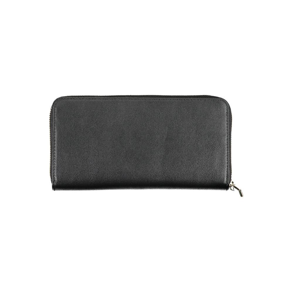 Calvin Klein black polyethylene women's wallet featuring zip closure and elegant design.