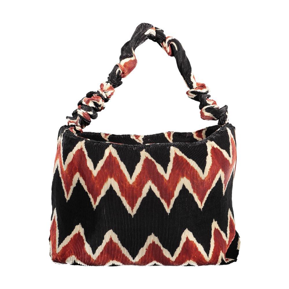 Desigual black polyester women handbag with bold zigzag pattern and braided handle, featuring iconic logo and zip closure.
