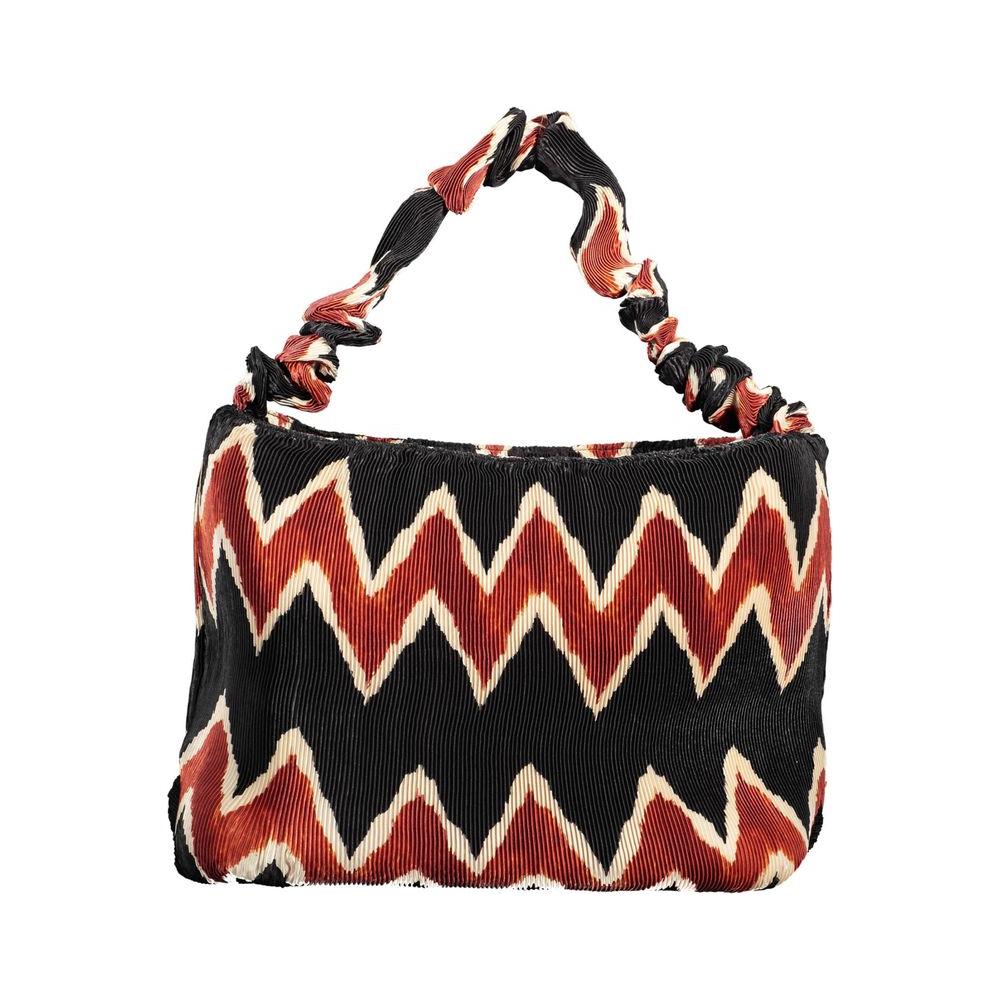 Desigual black polyester women's handbag with bold zigzag pattern and braided handle, featuring an iconic logo for stylish statement.