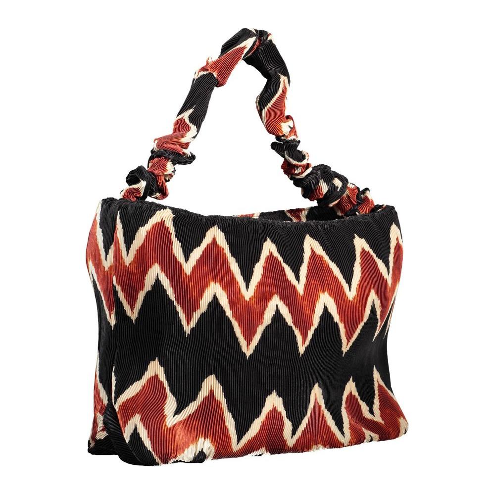 Desigual black polyester women handbag with bold zigzag pattern and twisted handle, featuring iconic brand logo.