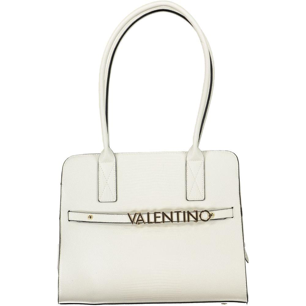 Valentino white polyethylene handbag with two shoulder handles, three compartments, internal pocket, logo, and protective feet.