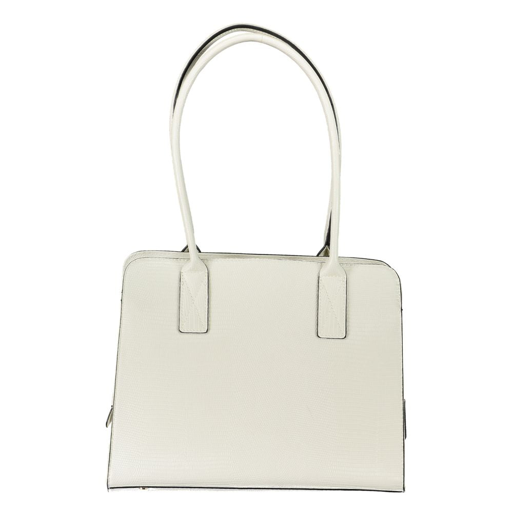 Valentino Bags white polyethylene handbag with dual shoulder handles, 3 compartments, and zip closure. Features logo and protective feet.