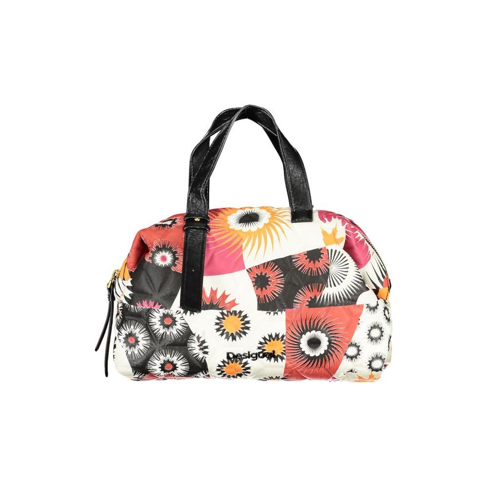 Desigual black polyethylene handbag with colorful print, two handles, adjustable shoulder strap, external and internal pockets, zip closure.