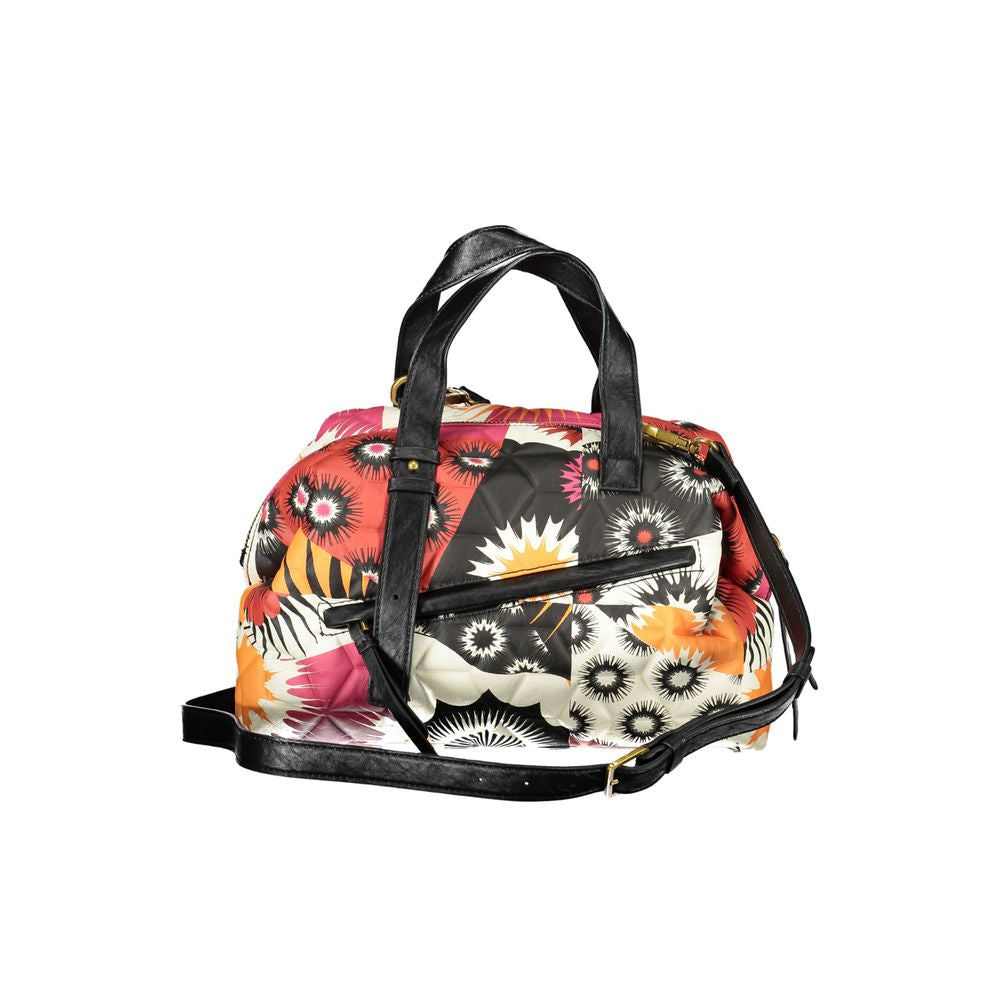 Desigual Black Polyethylene Handbag with floral print, adjustable shoulder strap, contrasting details, external pocket, and zip closure.
