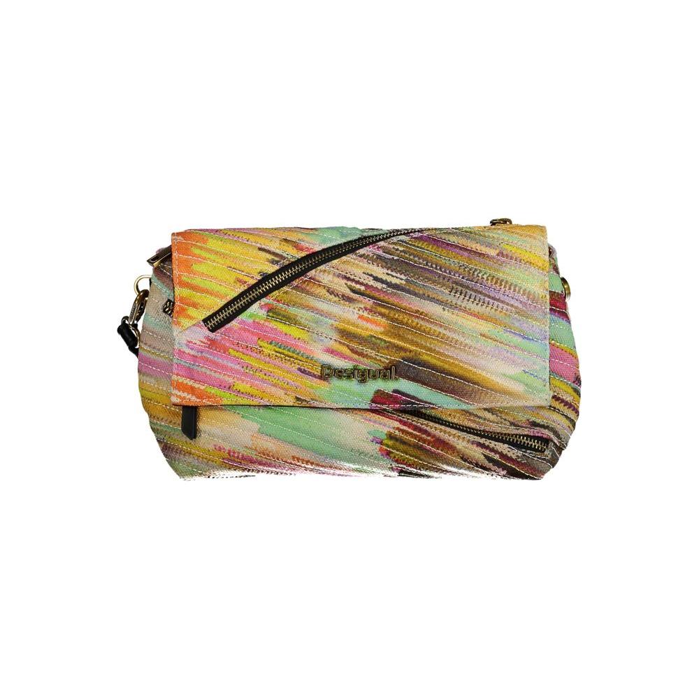 Desigual yellow polyester handbag with adjustable strap, multiple pockets, contrast details, and zip closure.