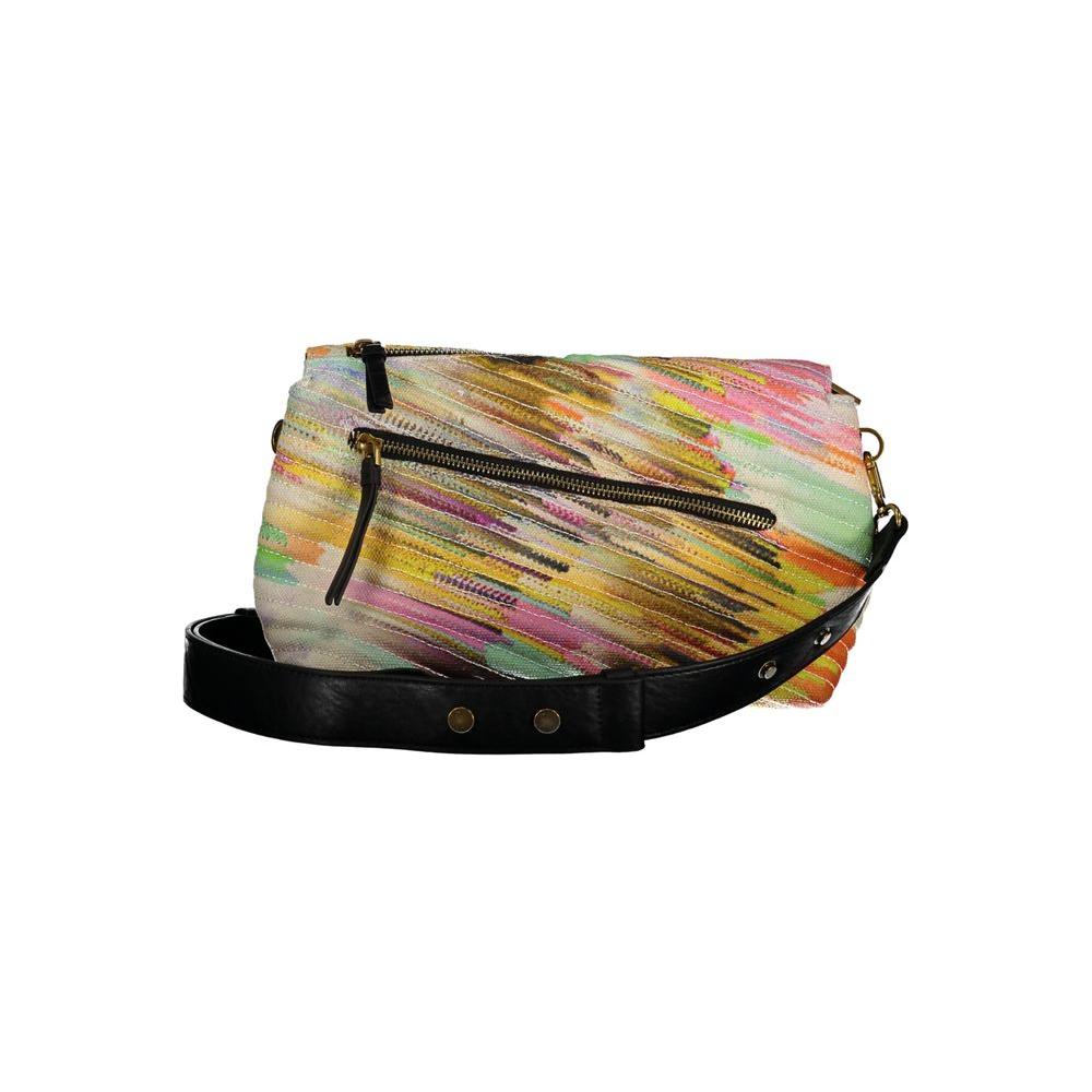 Desigual yellow polyester handbag with adjustable strap, 3 external pockets, vibrant design, and zip closure.