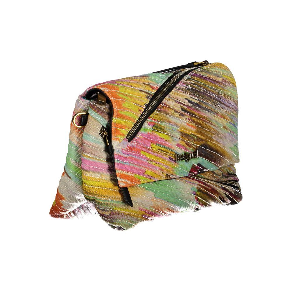 Colorful Desigual polyester handbag with adjustable strap, multiple pockets, and zip closure.