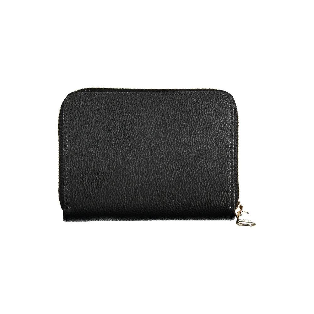 Patrizia Pepe black leather wallet with zip closure, featuring two compartments, card slots, coin purse, embossed logo, elegant design.