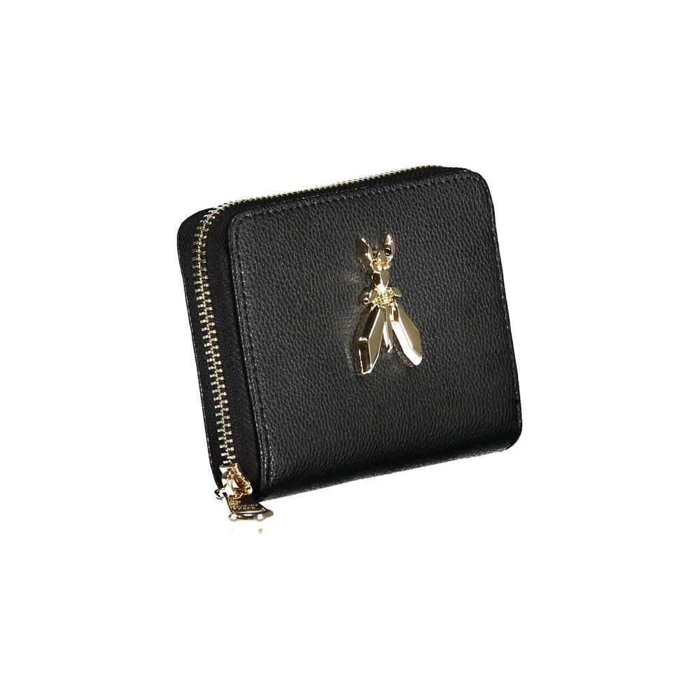Patrizia Pepe black leather wallet with gold logo, zip closure, card slots, and coin purse.