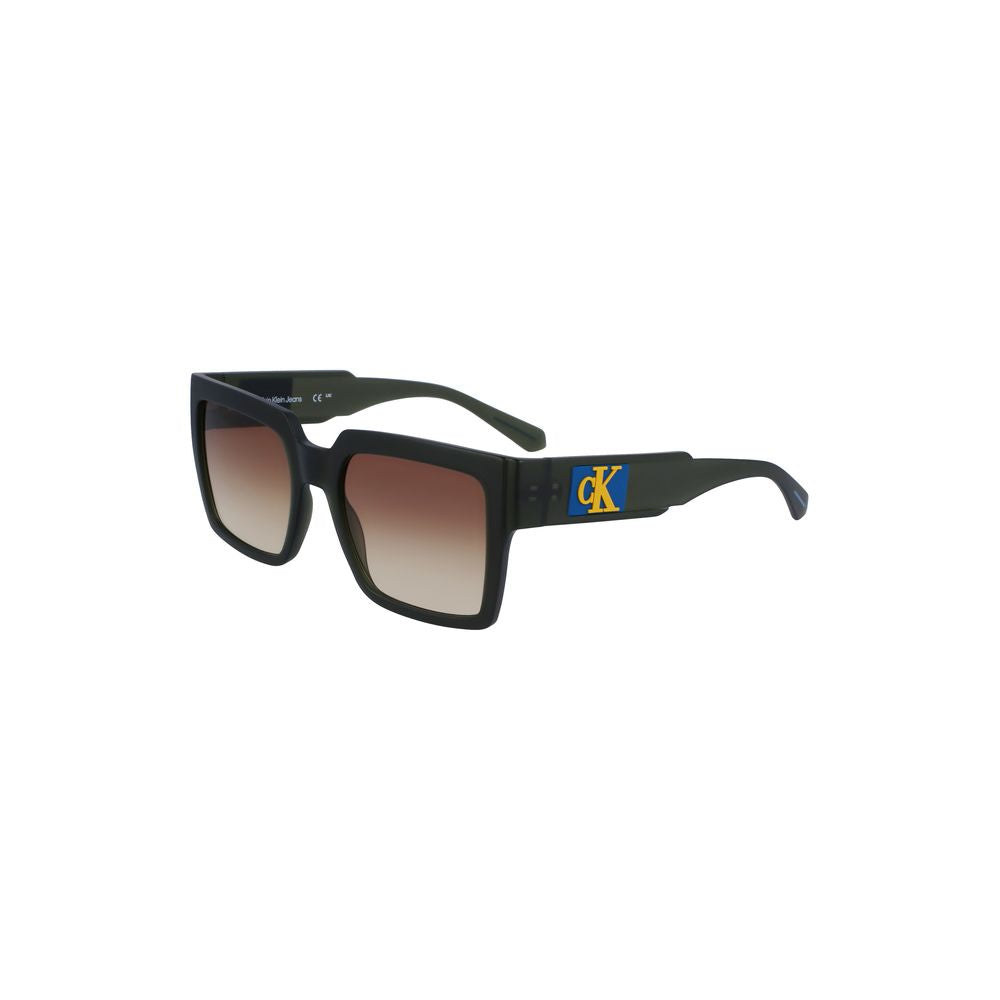 Calvin Klein brown plastic women's sunglasses with square lenses and yellow accents, perfect for a chic, modern style.