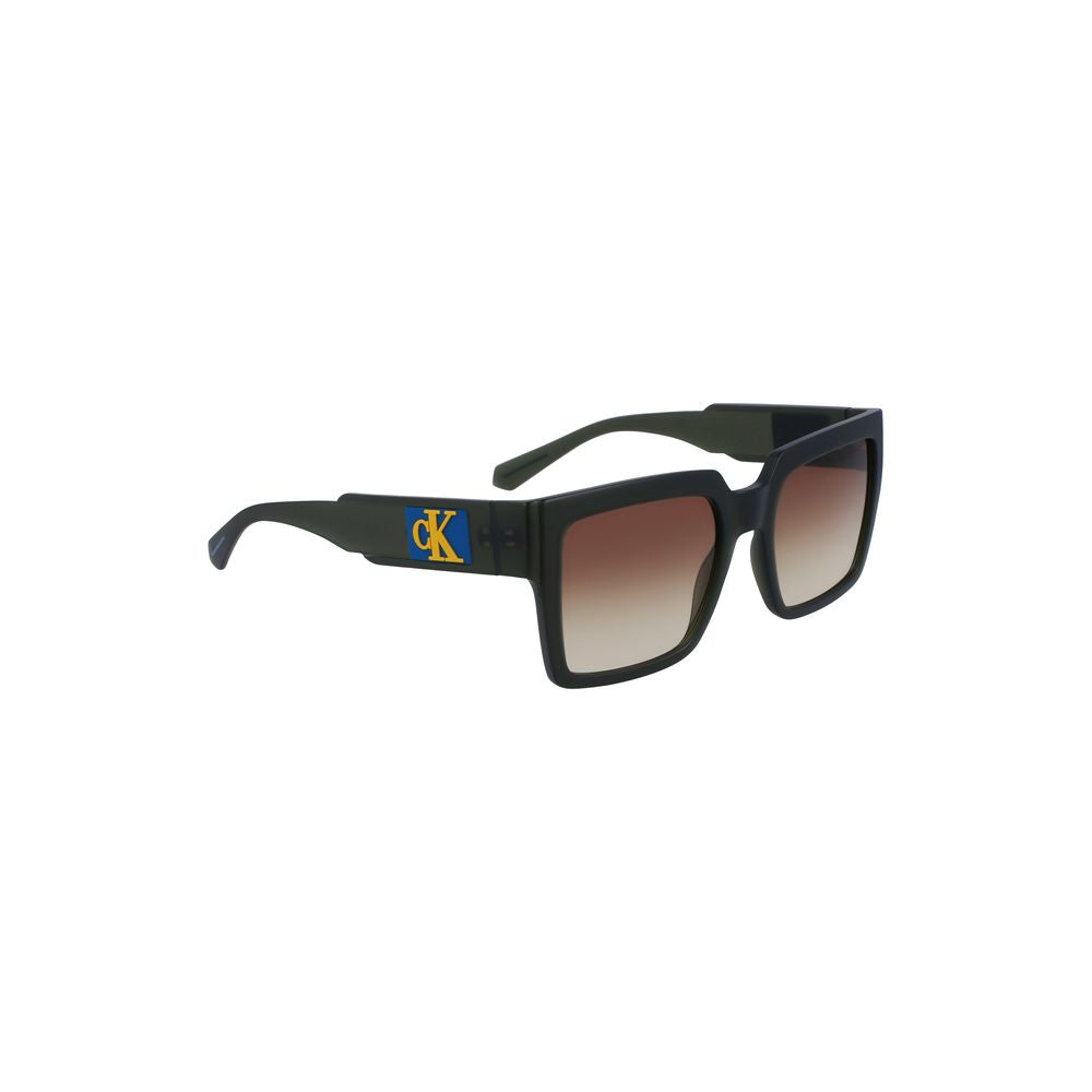 Calvin Klein brown plastic women's sunglasses with square lenses and yellow tint, modern chic design, fashion accessory.