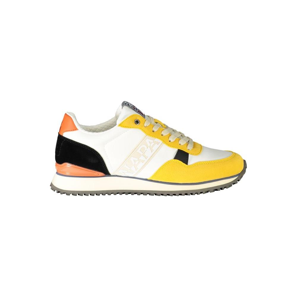 Napapijri yellow polyester sneaker with laces, contrast details, logo, and extra lace. Stylish sports shoe for active lifestyle.