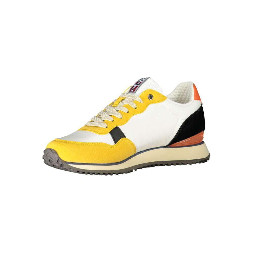 Napapijri yellow polyester sneaker with contrast laces, details, and logo, suitable for sports and casual wear.