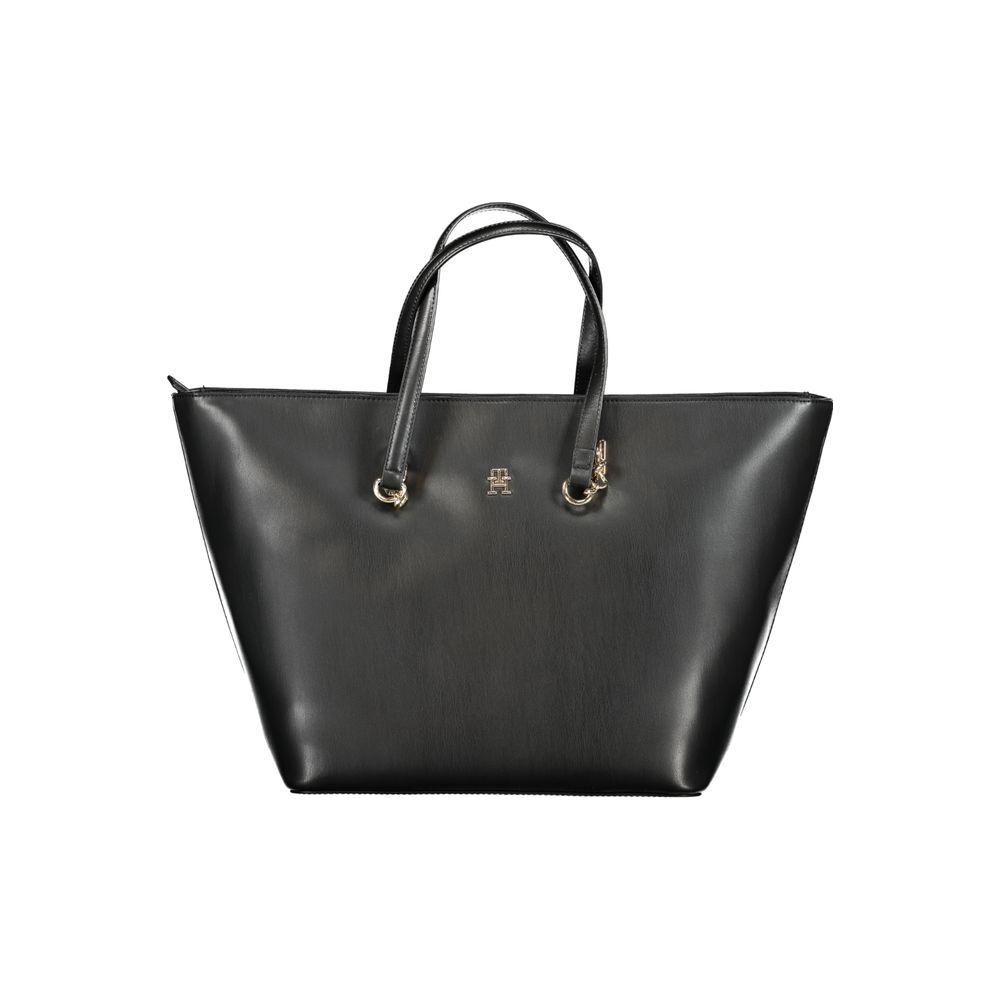 Tommy Hilfiger black polyethylene handbag with two shoulder handles, zip closure, and logo detail.