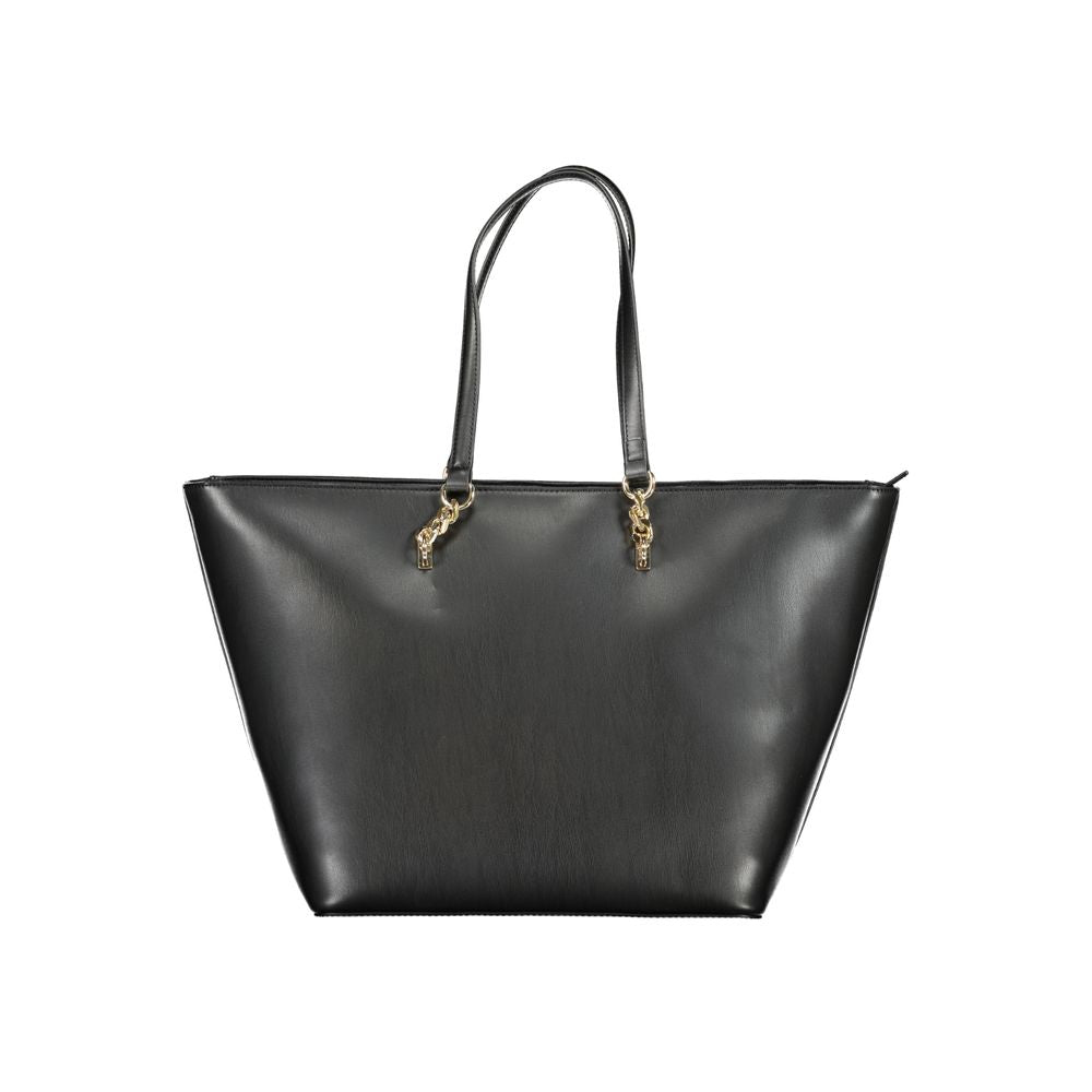 Tommy Hilfiger black handbag with shoulder handles, zip closure, and logo, featuring two internal pockets.