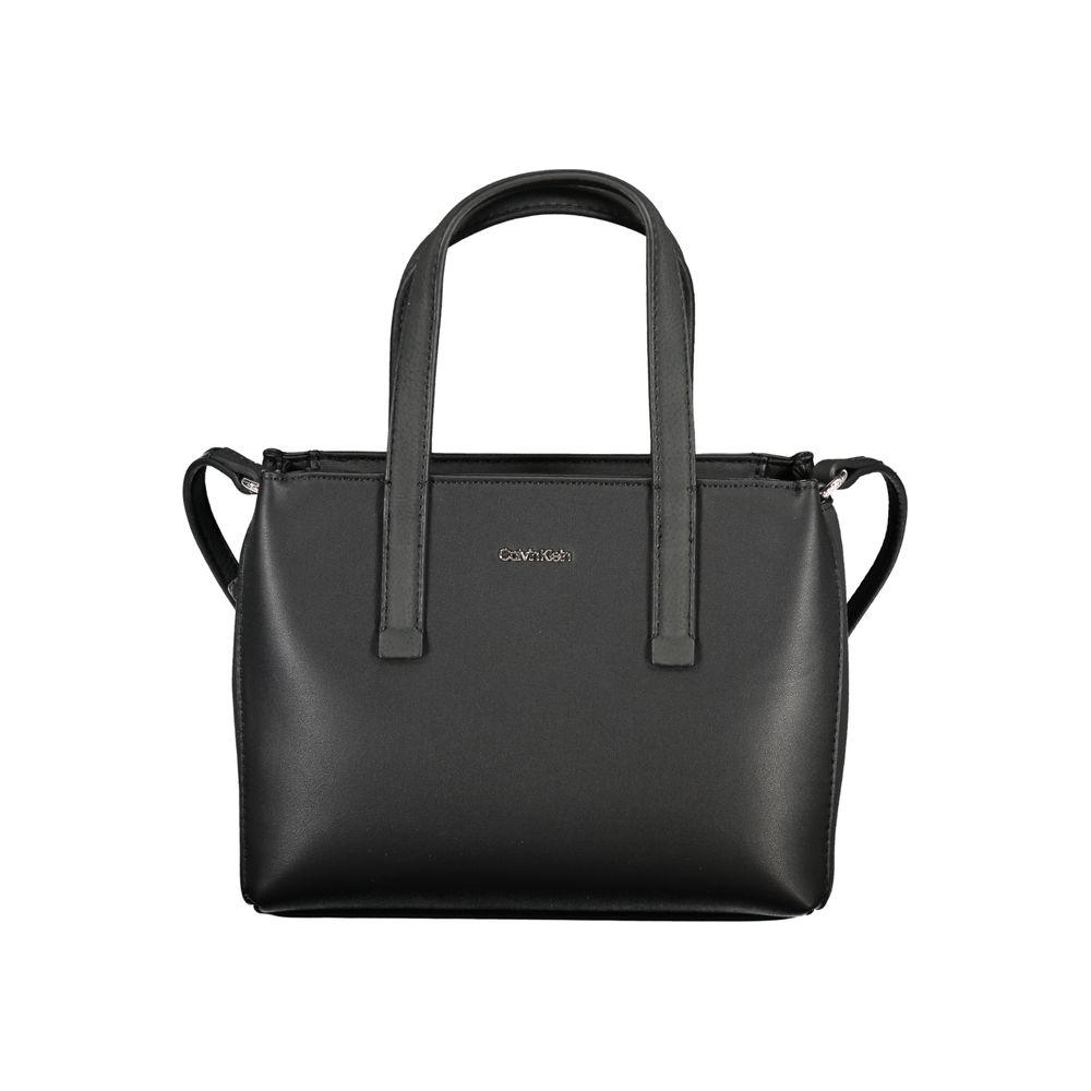 Calvin Klein black polyester handbag with two handles, adjustable shoulder strap, zip closure, and internal card pocket.