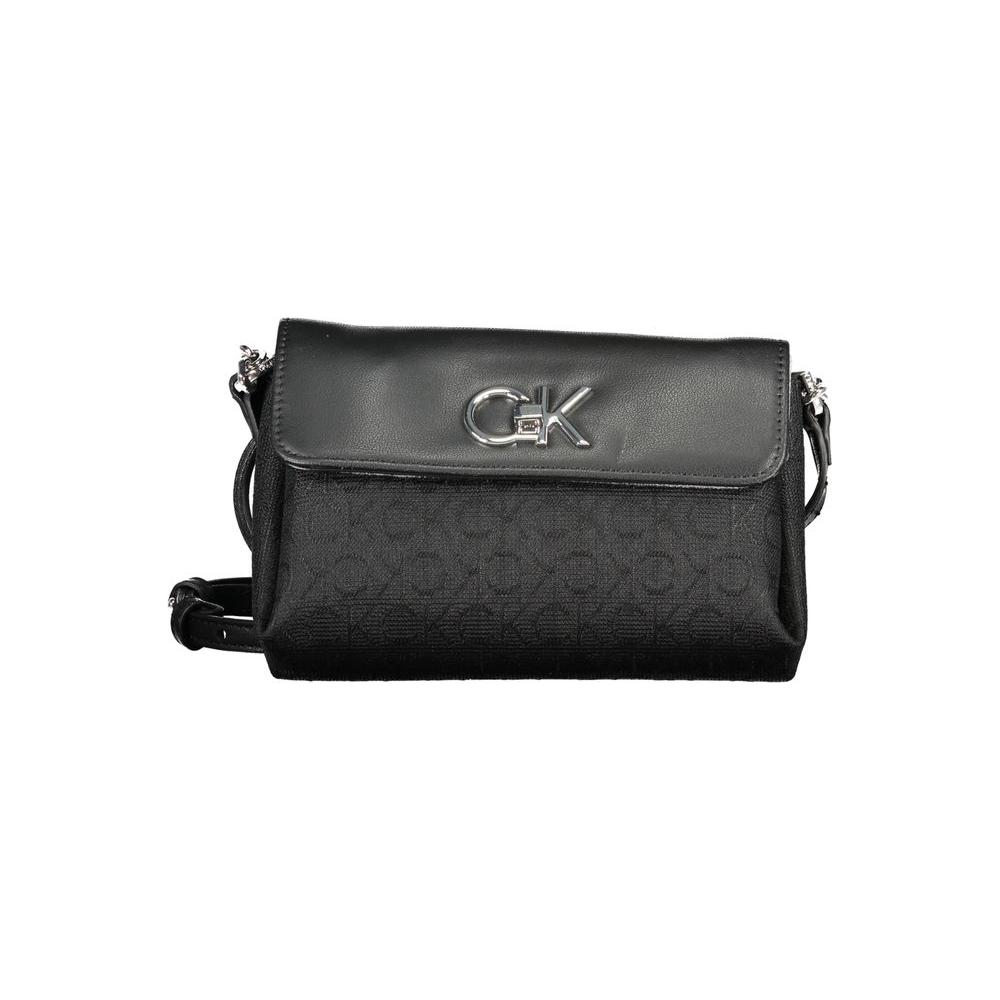 Calvin Klein black handbag with chain handle, adjustable shoulder strap, two compartments, swivel closure, and logo, 100% recycled polyester.