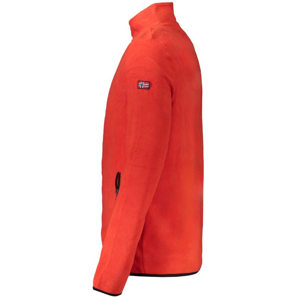 Red polyester men's sweater with Norway 1963 logo, long sleeves, intricate embroidery, and dual zips, embodying style and comfort.