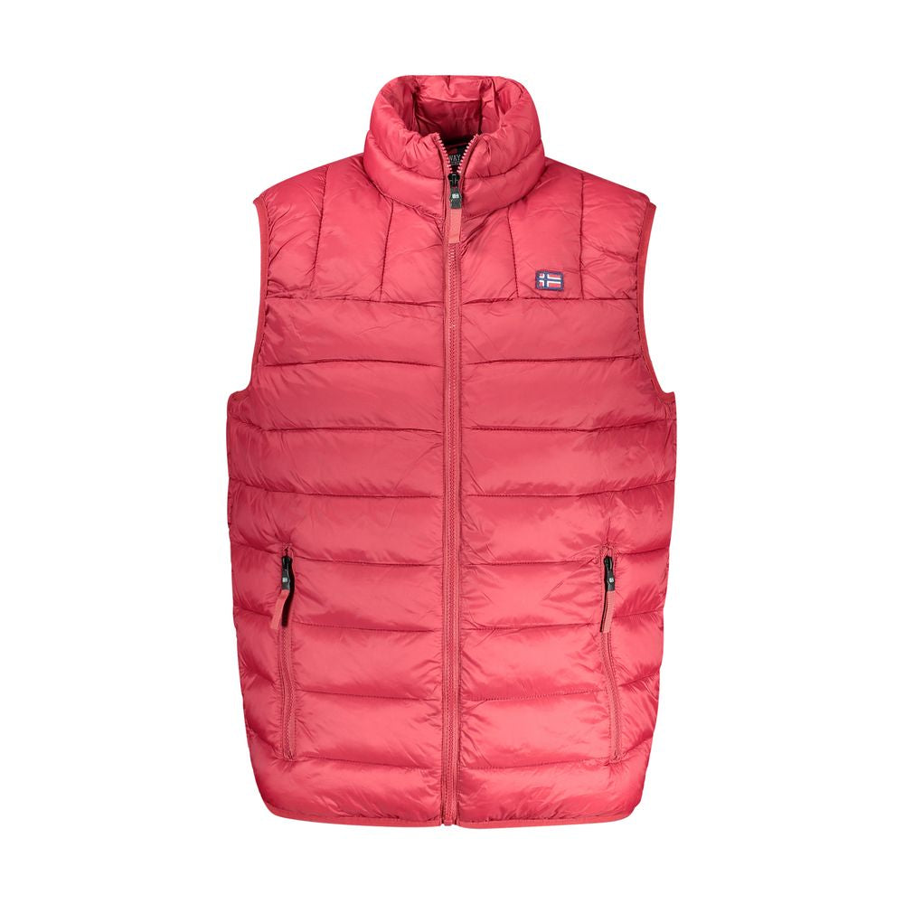 Norway 1963 red polyamide sleeveless jacket with contrasting details, 2 external and 2 internal pockets, and zip closure.