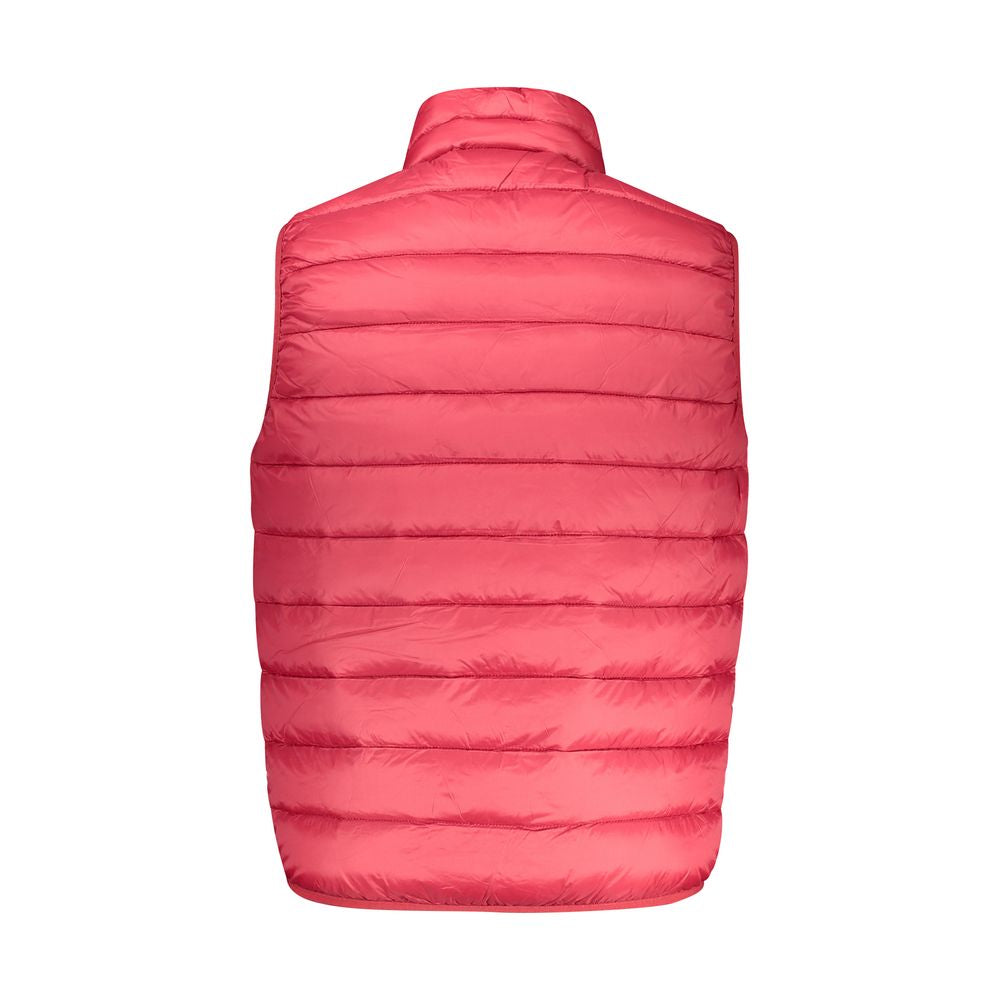 Back view of sleeveless Norway 1963 red polyamide jacket with quilted design and high collar.