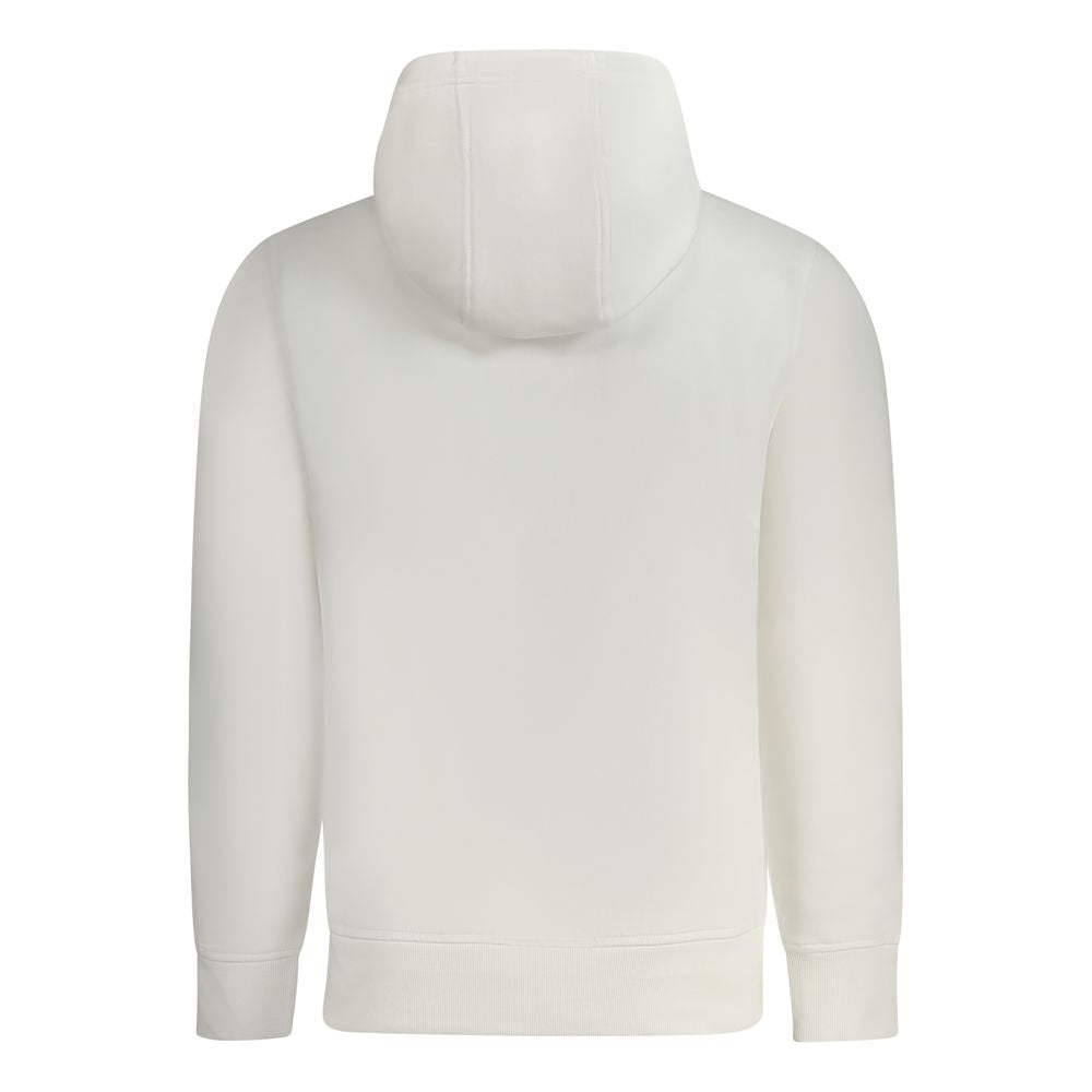 Calvin Klein white cotton men's sweater with hood, featuring a bold logo print, made of 55% cotton and 45% polyester.