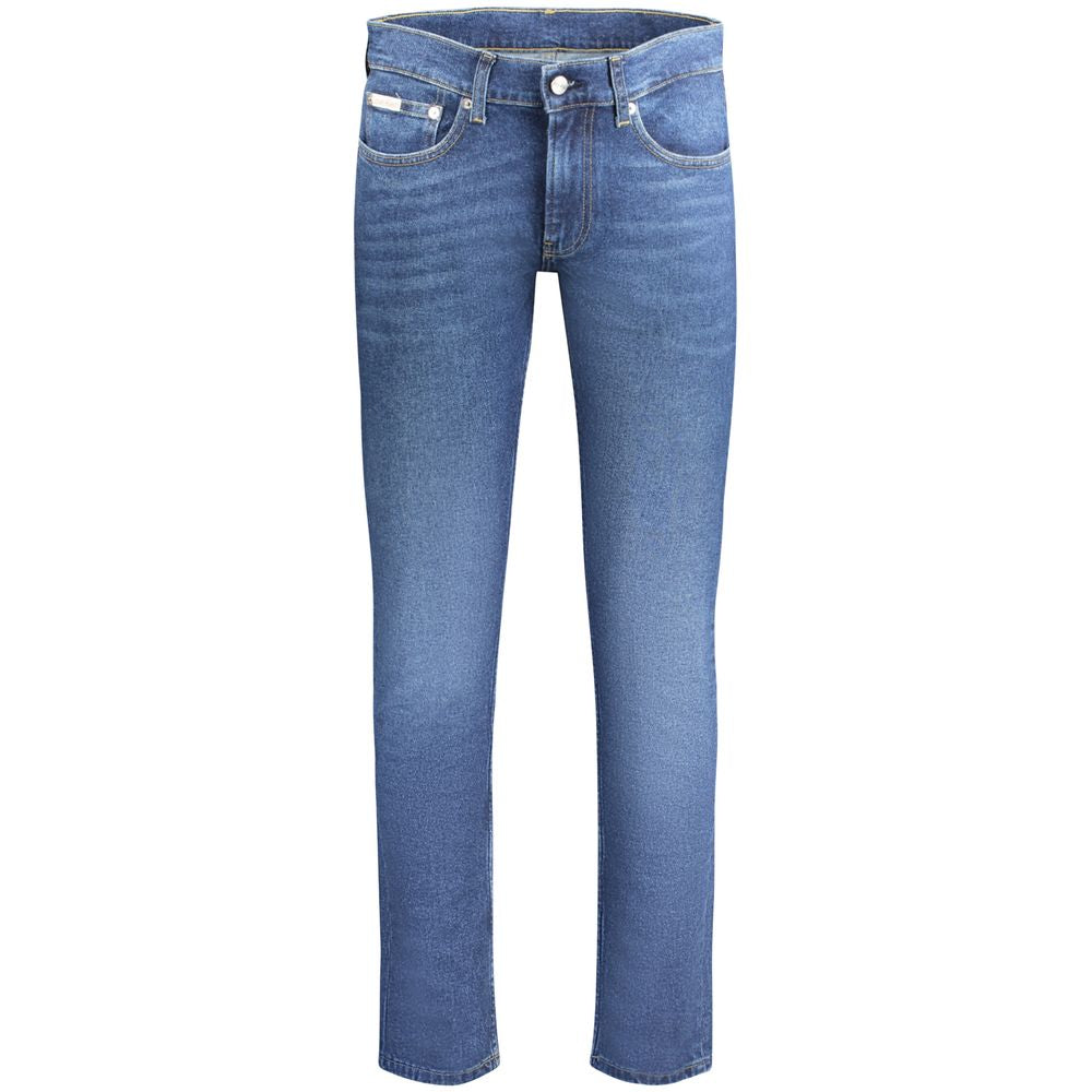 Calvin Klein blue cotton slim fit men's jeans featuring a sleek silhouette and 5-pocket design.