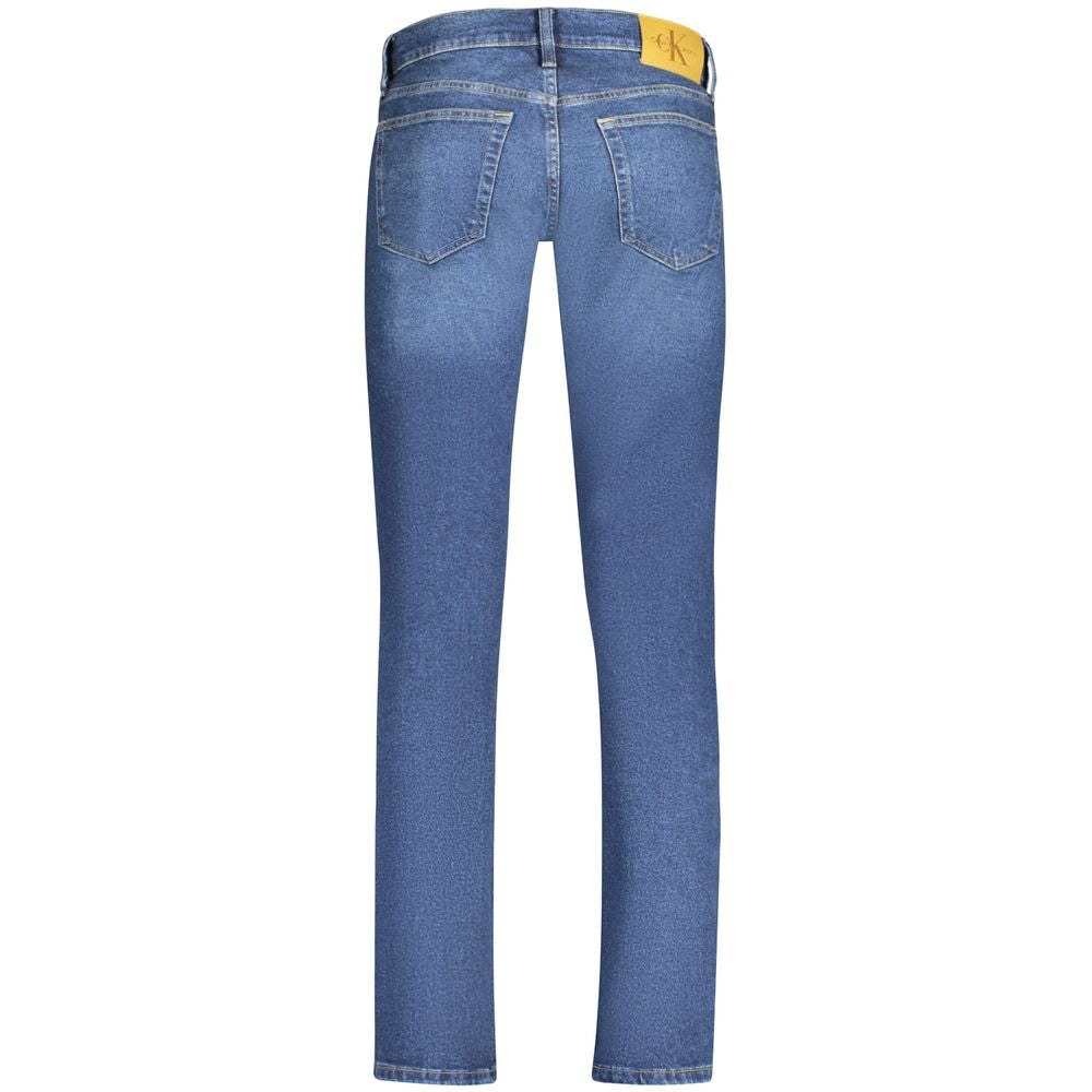 Calvin Klein blue cotton men's slim fit jeans with 5-pocket design, rear view showing iconic logo detail.
