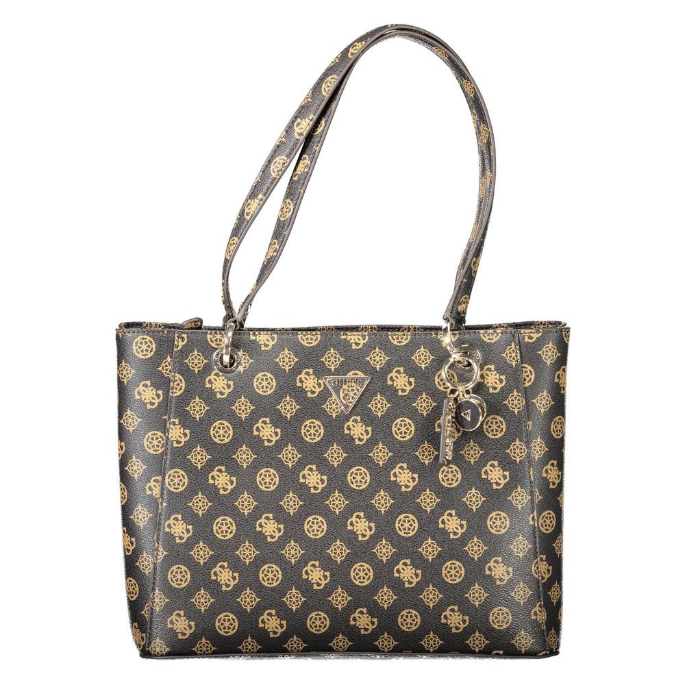 Guess Jeans brown polyethylene women's handbag with dual straps and gold logo pattern, featuring external pockets and zip closure.