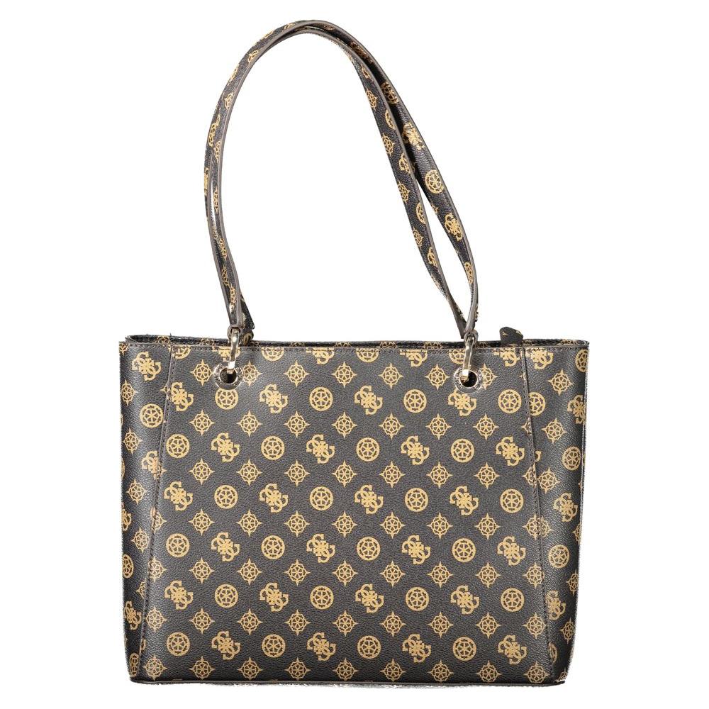 Guess Jeans Noelle brown handbag with dual straps, logo pattern, and external pocket for stylish organization.