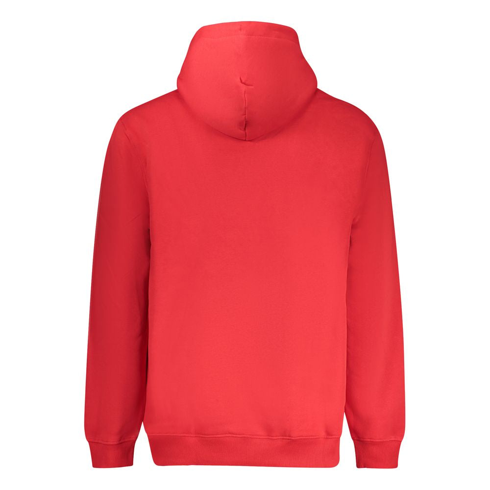 Back view of Tommy Hilfiger Red Cotton Men's Sweater with hood, highlighting its vibrant color and stylish design for casual wear.