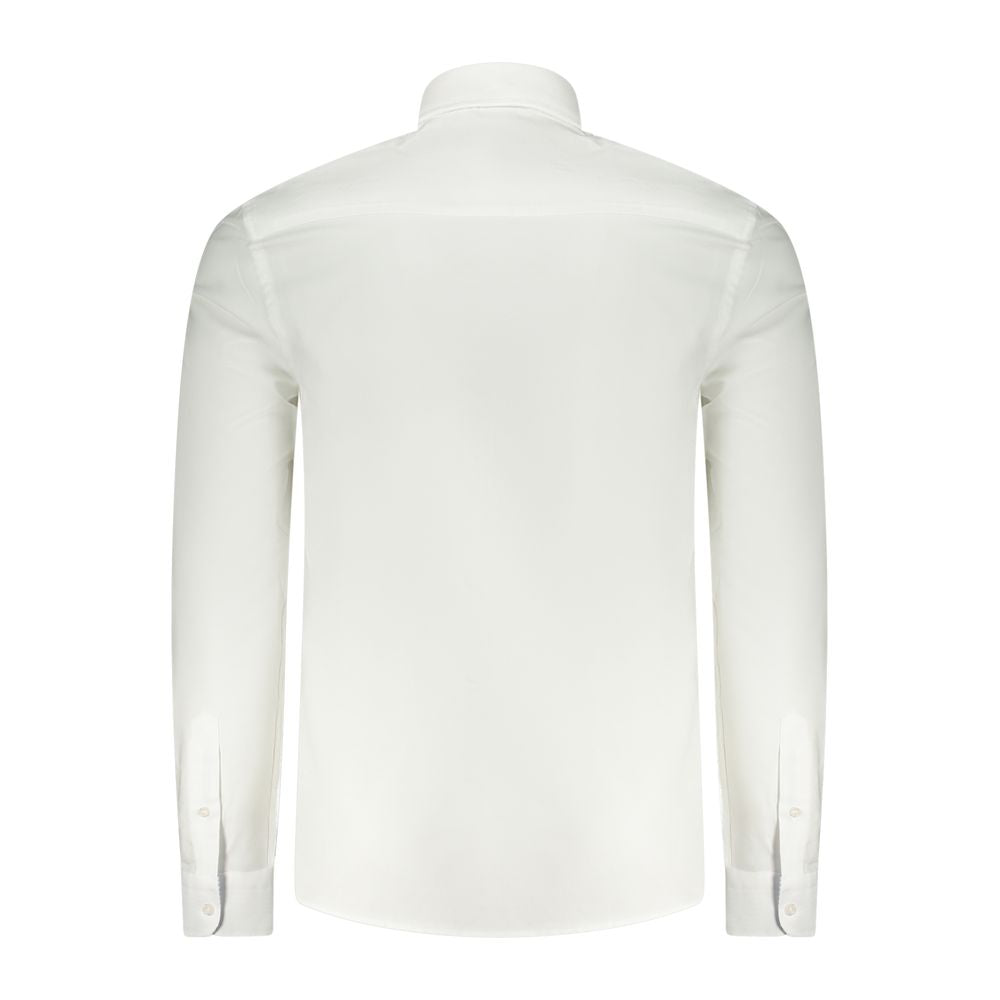 Back view of North Sails white long-sleeved men's shirt, featuring a tailored fit and contrasting button cuffs.