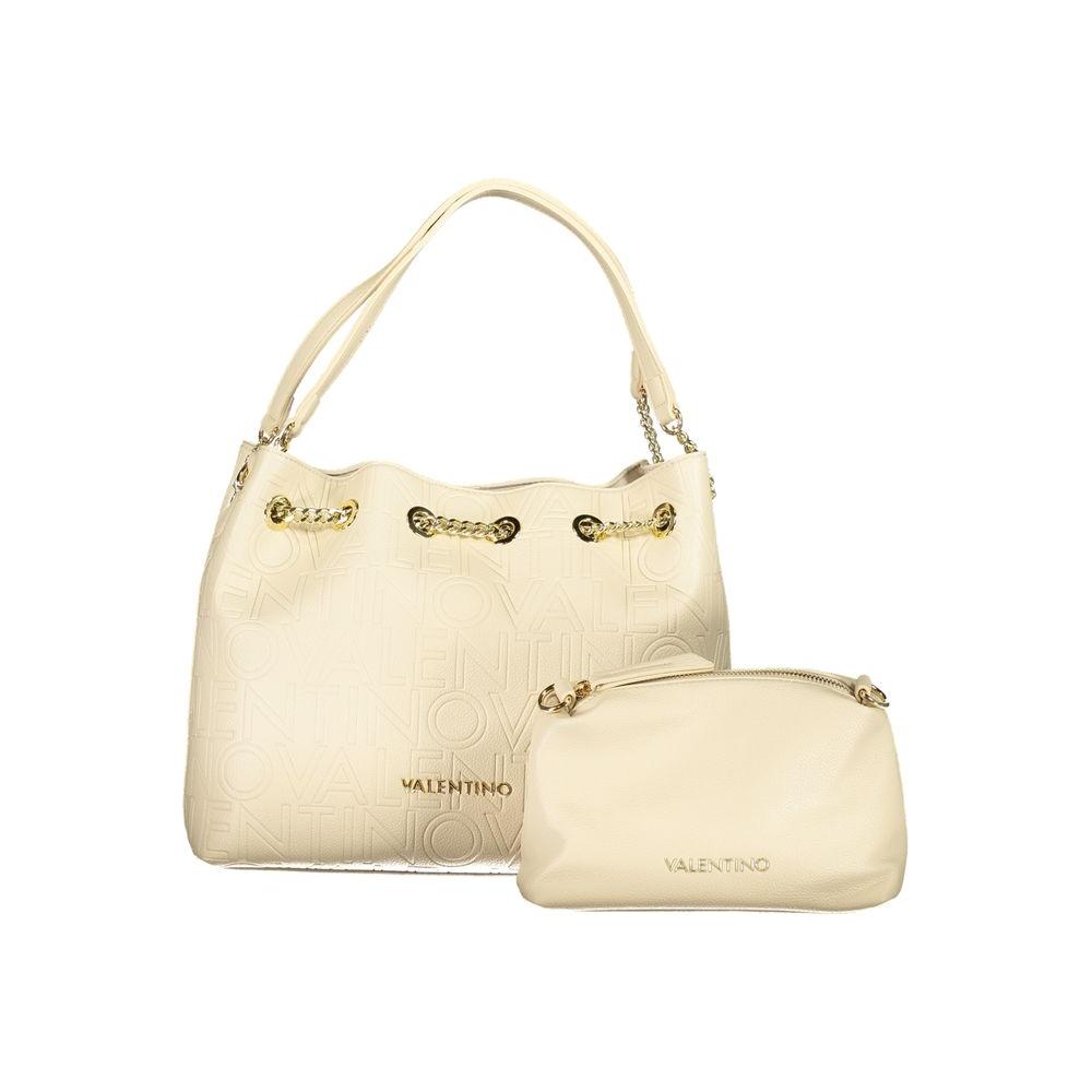 Valentino beige polyethylene handbag with two shoulder handles, adjustable straps, contrasting details, and snap closure.